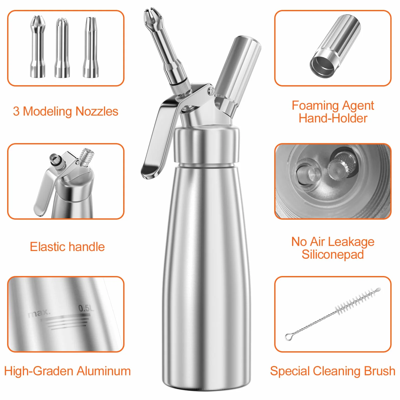 Newaner Syfon do bitej śmietany 500 ml, z aluminium, z 3 końcówkami ze stali nierdzewnej, 1 szczotka do czyszczenia, do dekoracji tortów urodzinowych, ciast, lodów i deserów