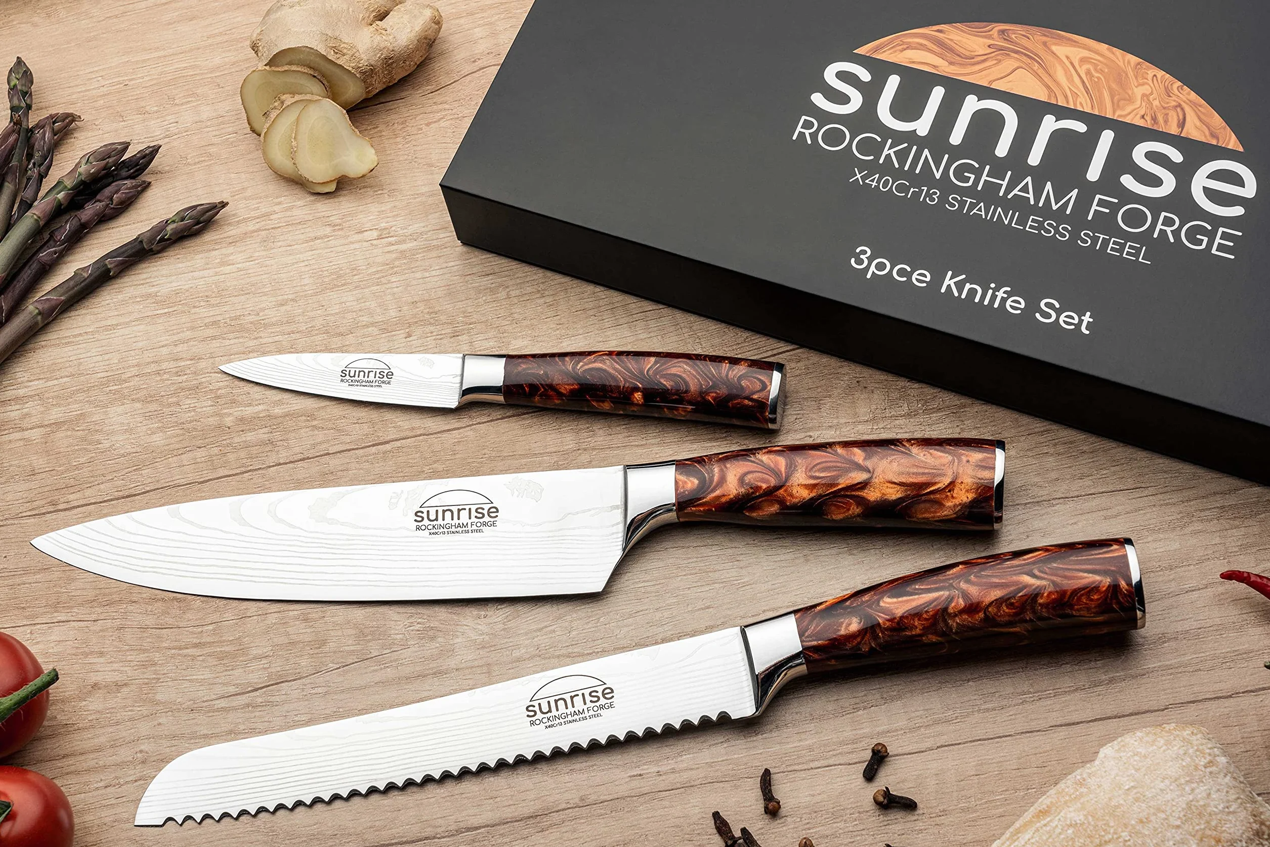 Zestaw z kolekcji Sunrise od Rockingham Forge 3 wysokiej jakości noże kuchenne ze stali nierdzewnej z rękojeściami z żywicy