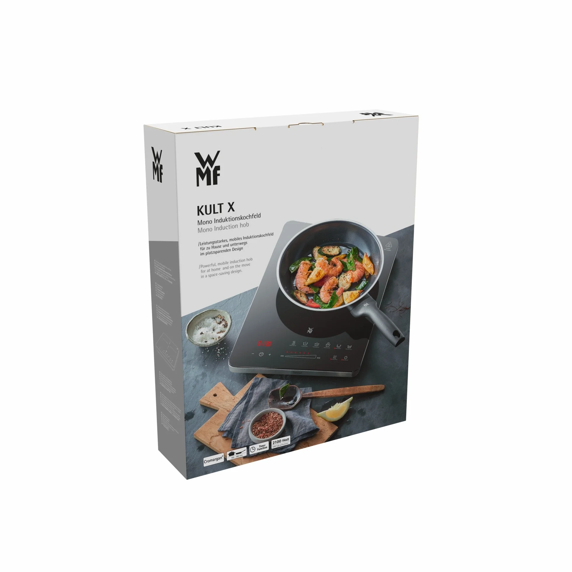WMF Kult X mobilna płyta indukcyjna do 28 cm, płyta indukcyjna 1 płyta kuchenna, 8 stopni, rozpoznawanie garnków, wyświetlacz dotykowy, ceramika szklana, funkcja timera, 2100 W