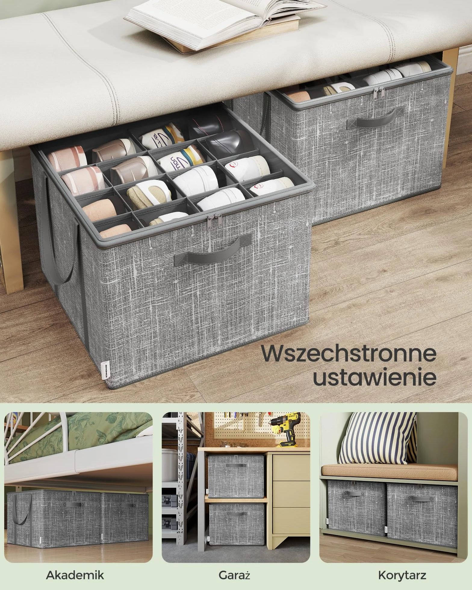 SONGMICS Organizer na buty, zestaw 2 szt., każdy na maksymalnie 16 par, pudełko do przechowywania butów, uchwyty, przezroczysta pokrywa, do sypialni, przedpokoju, garderoby, Rush Grey LSP602G01