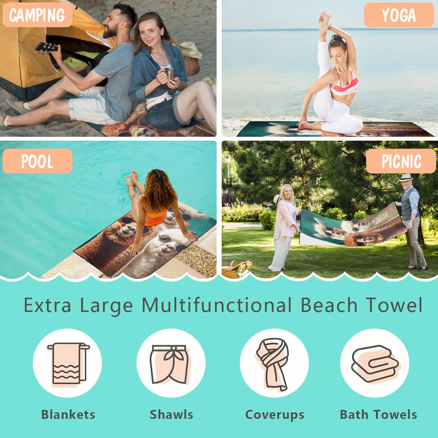 Duży ręcznik plażowy z mikrofibry, 90 x 180 cm – szybkoschnący i kompaktowy ręcznik/ręcznik plażowy, alpaka z motywem okularów przeciwsłonecznych, ręcznik kąpielowy na podróż, urlop, kemping