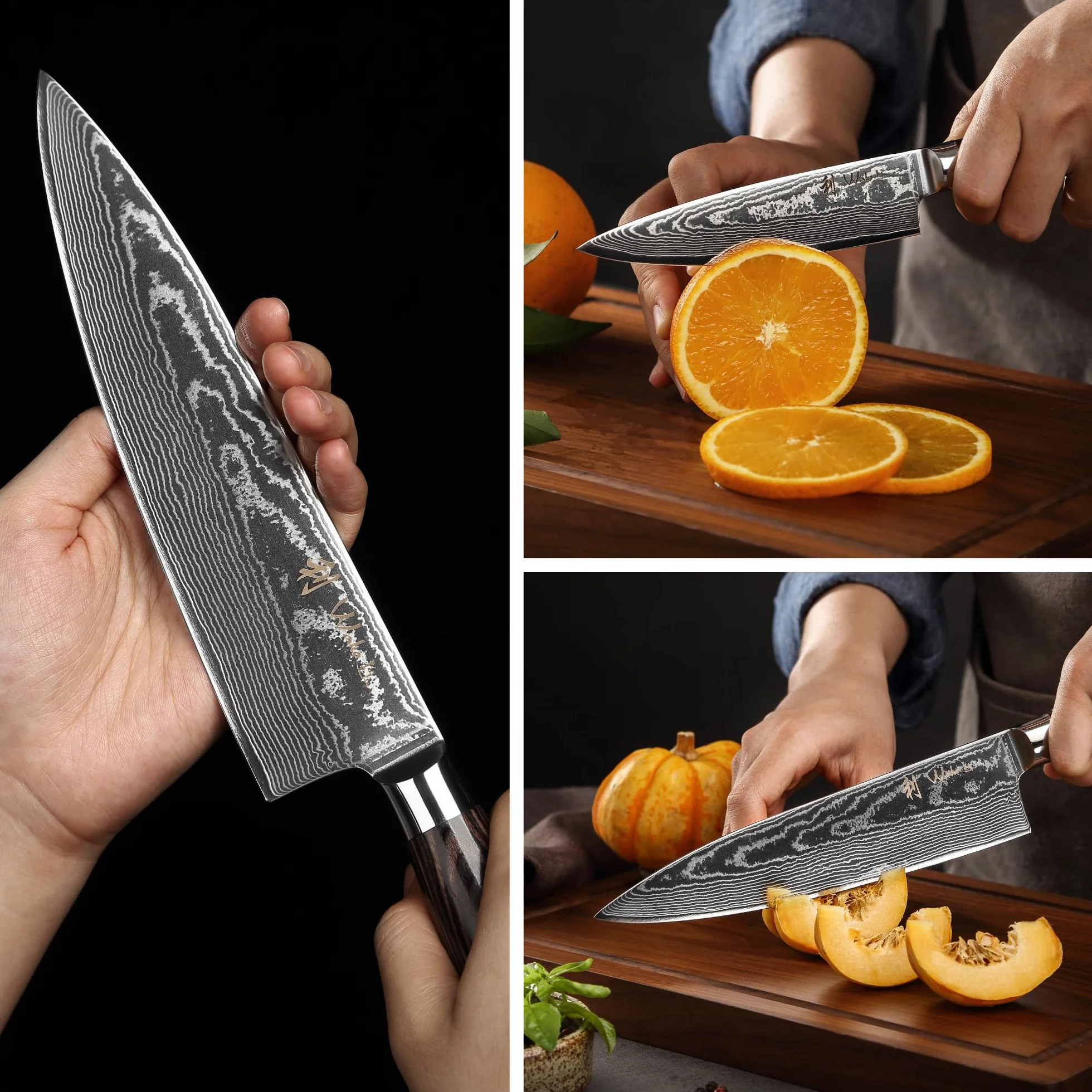 Wakoli EDIB Essentials Santoku 2-częściowy zestaw noży kuchennych 30 i 24 cm ze stali damasceńskiej z 67 warstw stali damasceńskiej z uchwytem z drewna Pakka, nóż do warzyw w zestawie pudełko na