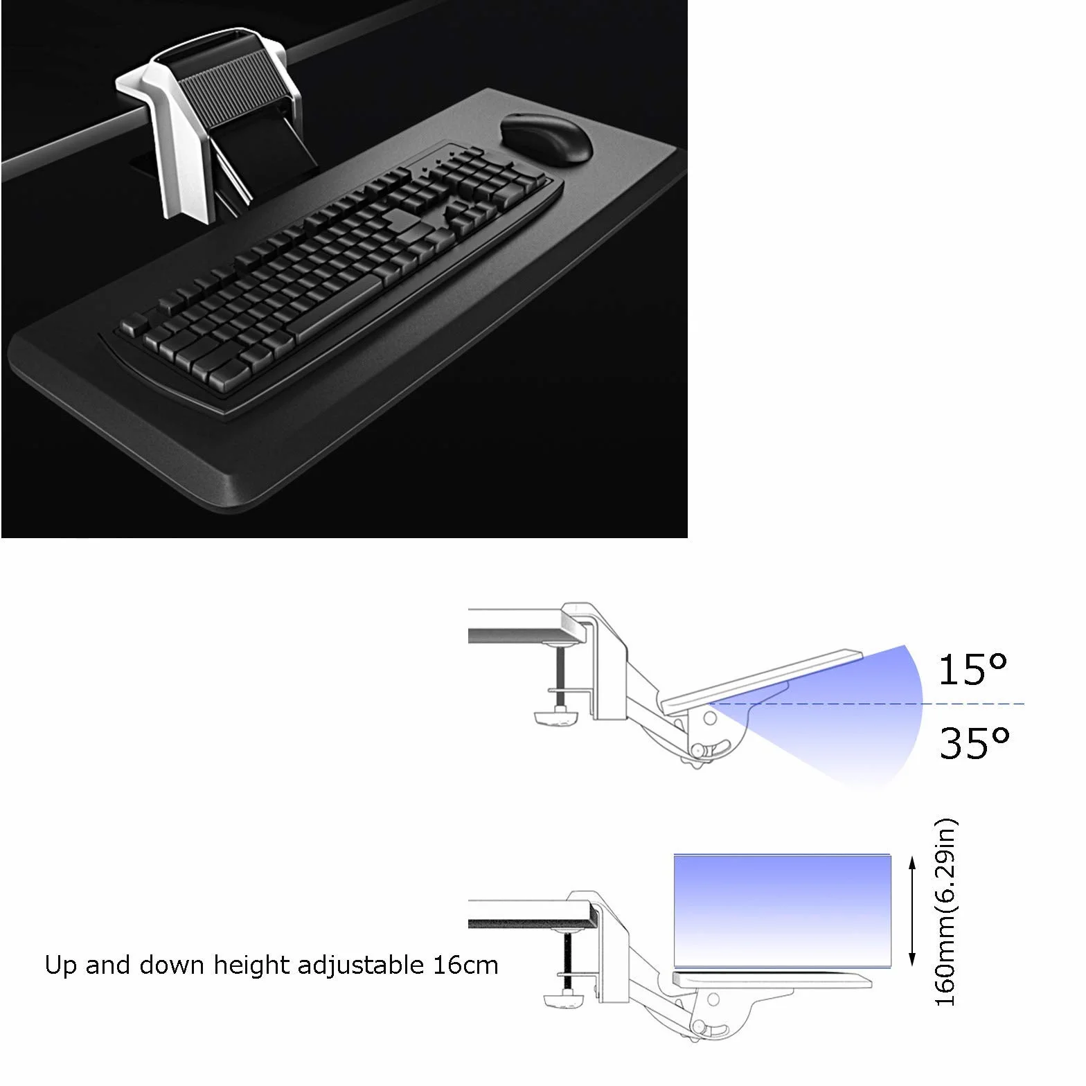Ergonomia Półka Na Klawiaturę, Regulowany Kąt Nachylenia I Wysokość, Z Podkładką Pod Nadgarstek I Uchwytem Na Telefon Komórkowy, Odpowiednia Do Stołów O Wymiarach 10~60 Mm, Kąt Można Również Zablo