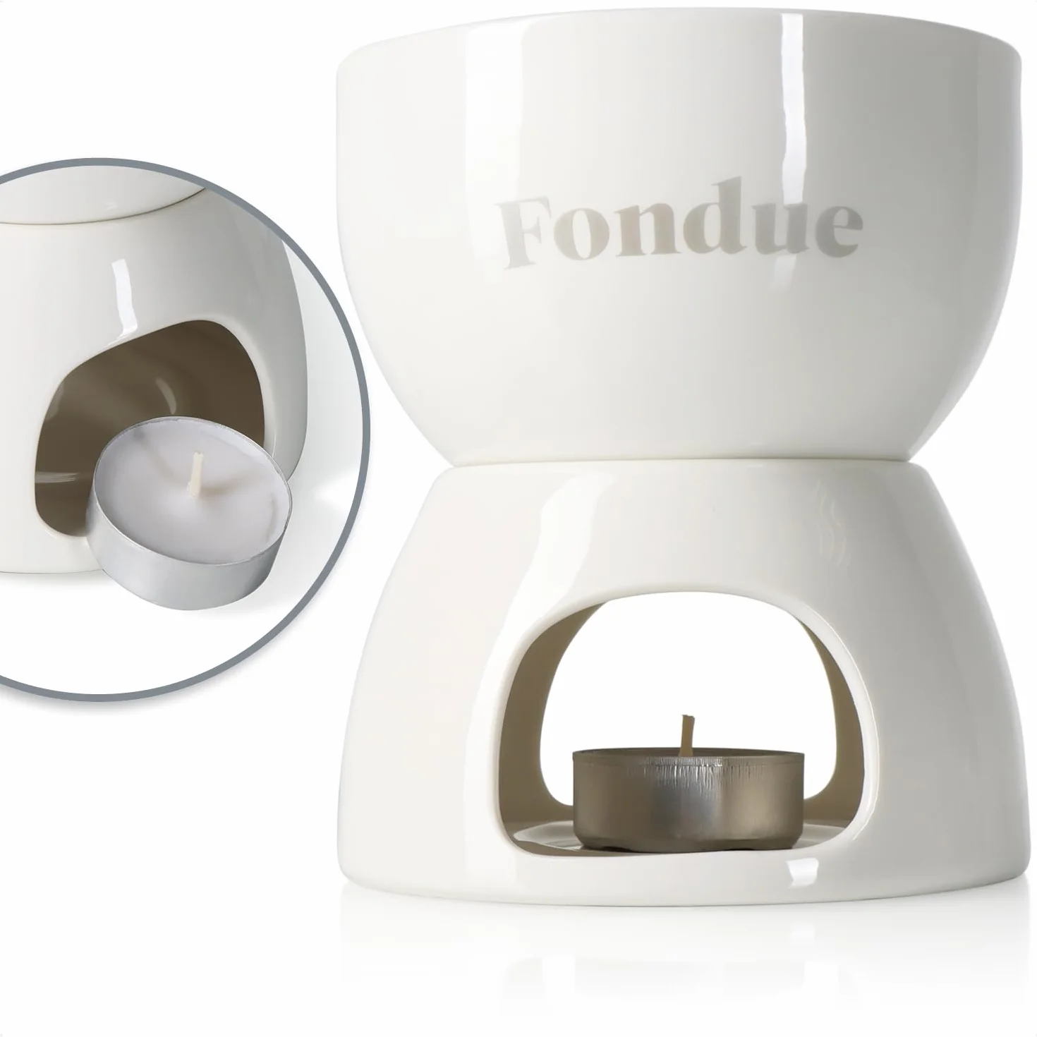 COM-FOUR® Zestaw do czekoladowego fondue Premium - miska ceramiczna z podstawka na podgrzewacz i 4 widelcami - tygiel do czekolady i sera - tygiel - miska do dipów deserowych dla 4 osób (bialy)