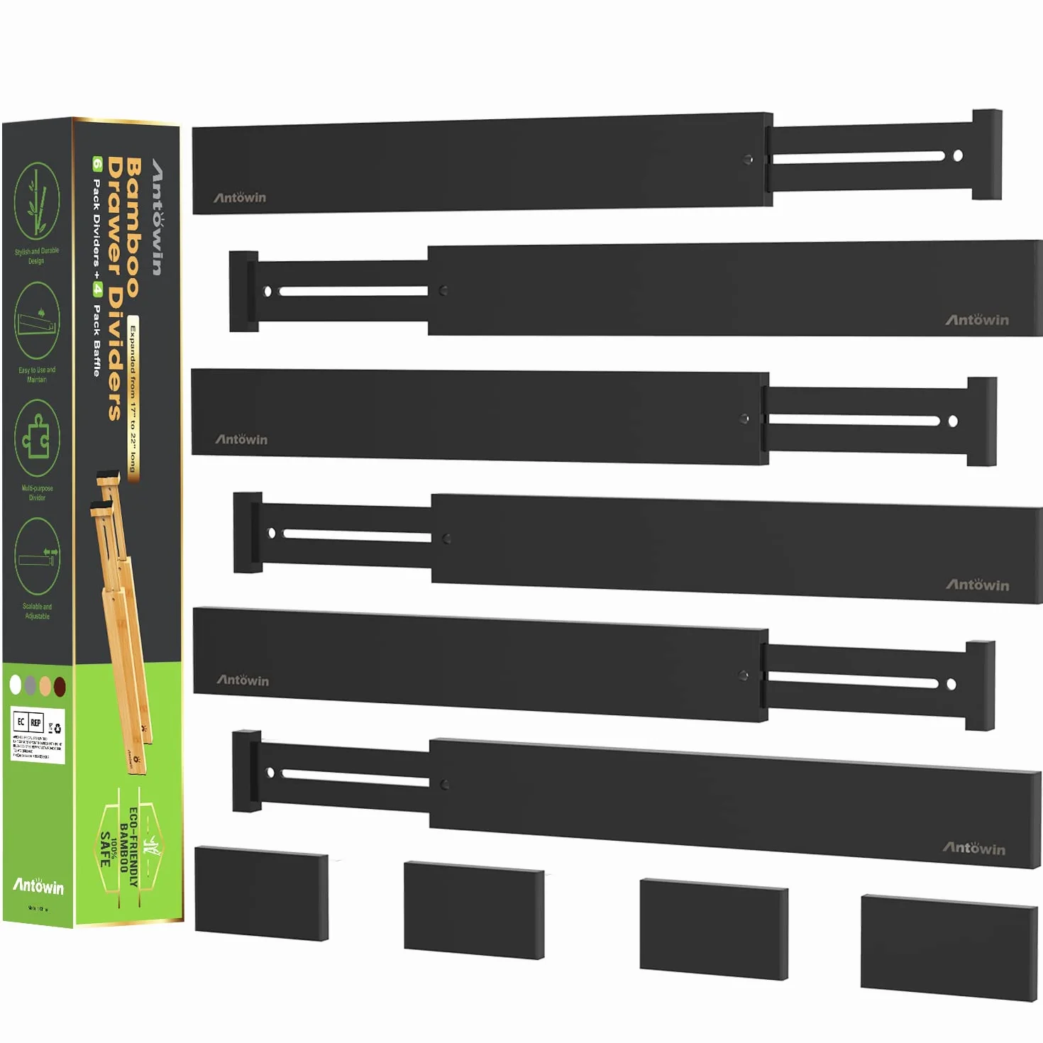ANTOWIN Bambusowe przegrody do szuflad, 10 sztuk, rozsuwane separatory do szuflad, 43-56 cm, regulowany sprężynowy organizer na duże przybory, ubrania, narzędzia, szuflady, czarne, 10 szt