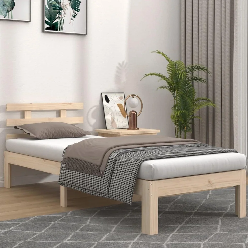 lite drewno sosnowe nowoczesna sypialnia z zagłówkiem 100 x 200 cm brąz | Rama łóżka lite drewno sosnowe 100x200 cm stelaż z zagłówkiem do sypialni
