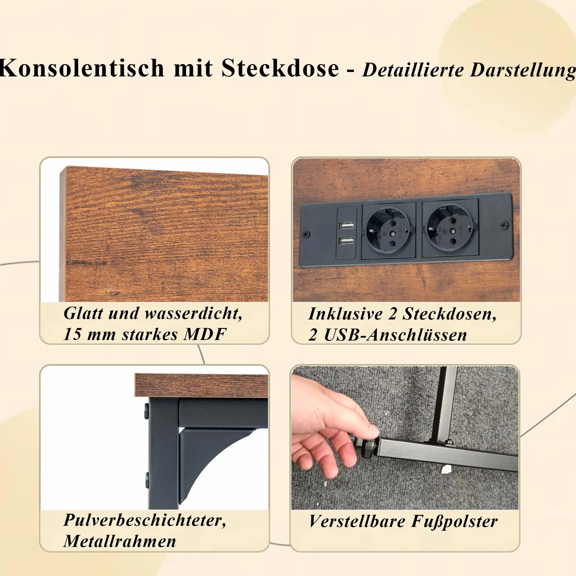 Stolik konsolowy wąski, 180 cm szerokości, stolik konsolowy z gniazdkiem, wąski stolik pomocniczy, sofa do wejścia, korytarza, werandy, na balkon, meble, brązowy i czarny, 180 x 20 x 80 cm, 1 sztuka