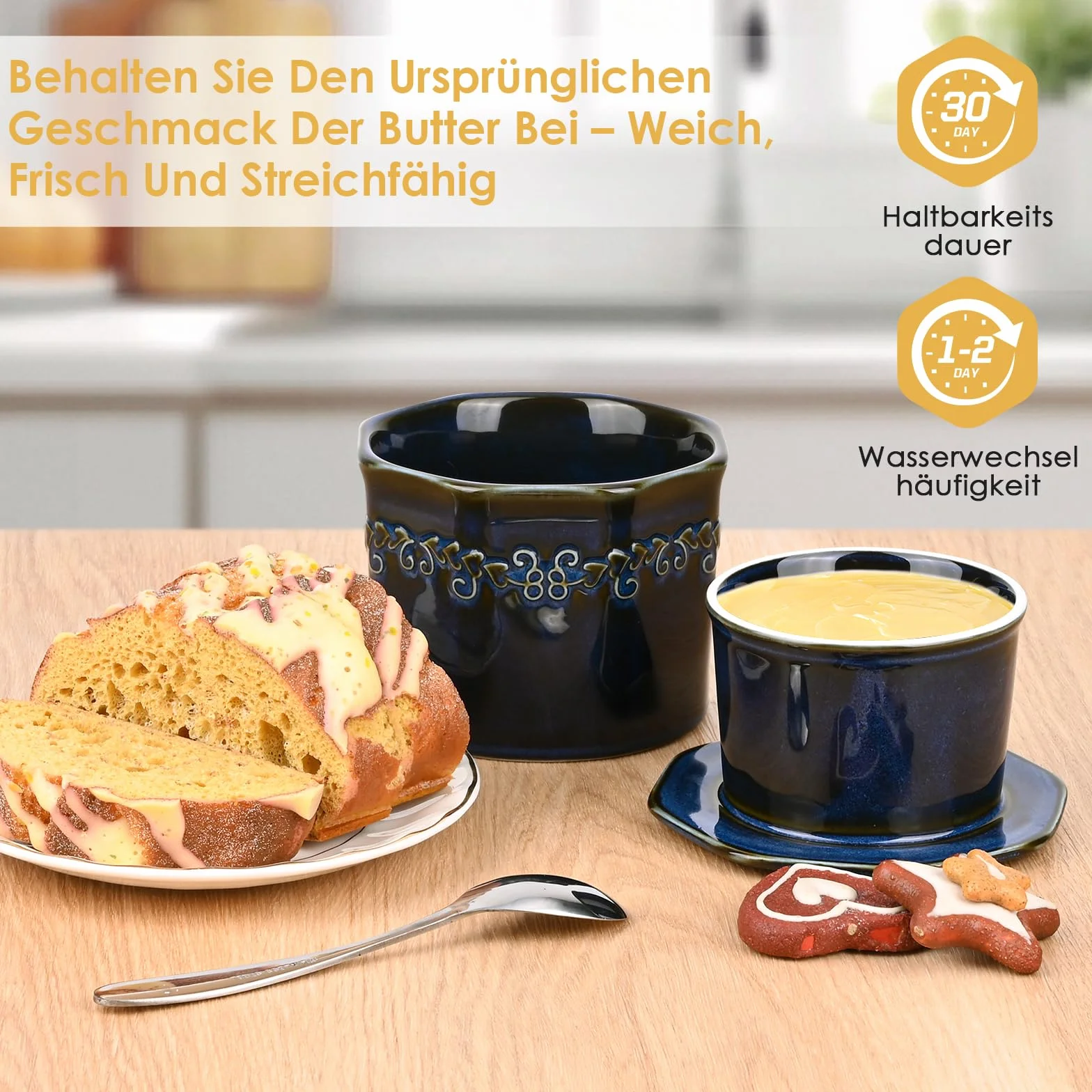 Francuska maselniczka, ceramiczna, francuska maselniczka z chłodzeniem wodnym, nadaje się do mycia w zmywarce, można przechowywać w temperaturze pokojowej, z pokrywką, zapewnia świeżość i