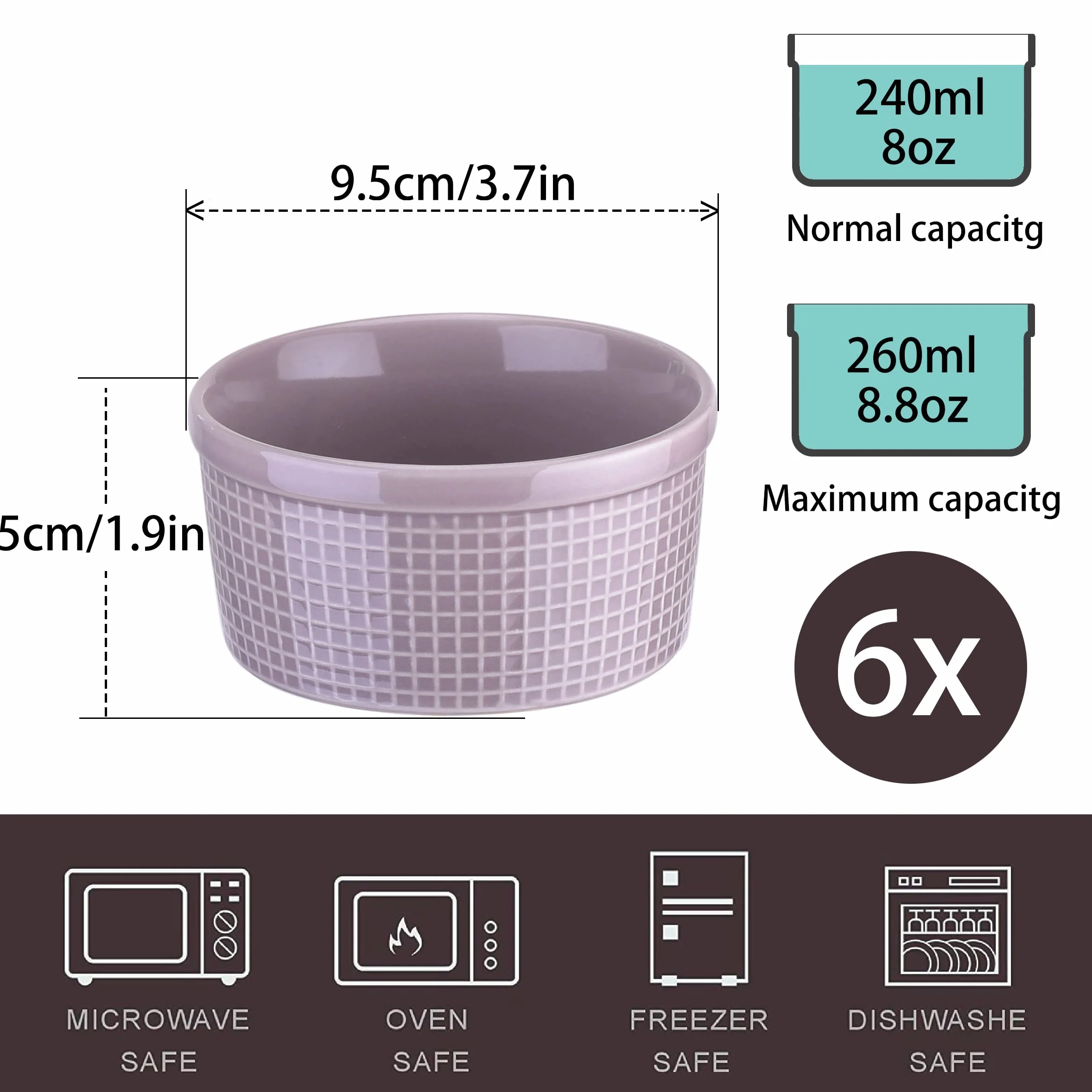 vancasso, Ceramiczne 4'' (10 cm) Ramekins zestaw 6, seria Karo - klasyczne dania sufflé Crème Brûlée naczynie do ciast, czekoladek, myszy, puddingów - wszechstronne naczynie do serwowania oliwek, orzechów, dipów.