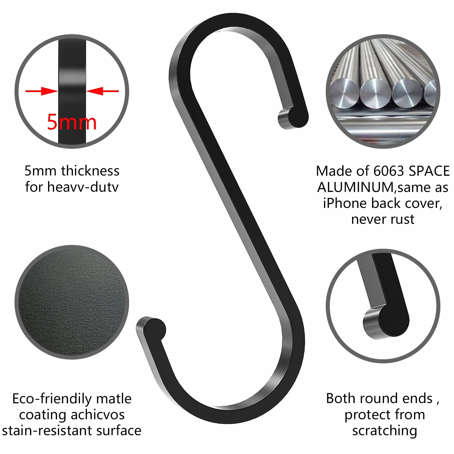 LISOPO Haczyki w kształcie litery S 12 sztuk czarne S-hook aluminium