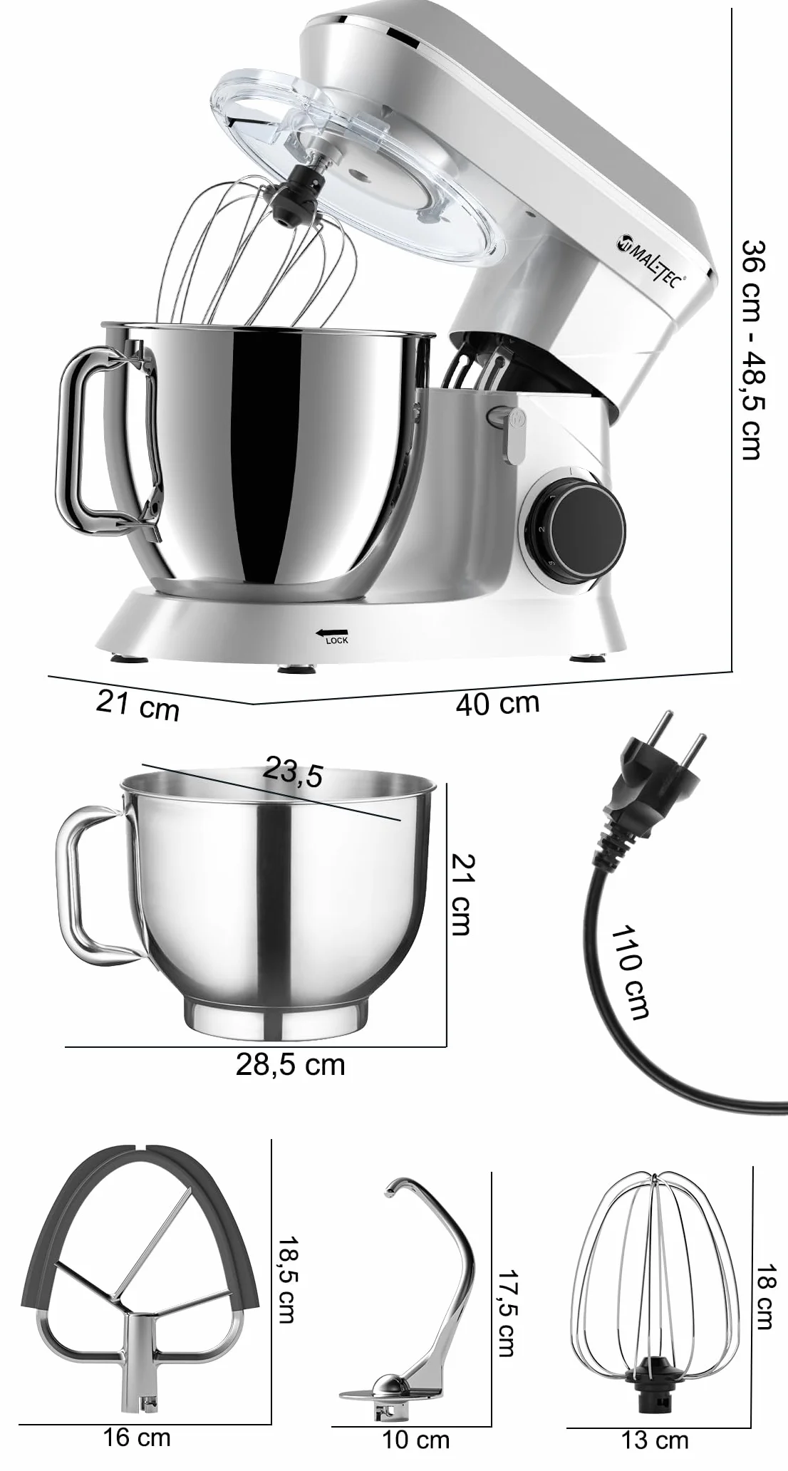 MalTec Planet robot kuchenny | MaltecChef 2200 W maszyna do ugniatania | mieszadło, hak do zagniatania, trzepaczka, ochrona przed pryskaniem | 6 prędkości i 4 funkcje | robot kuchenny SILVER 6 l