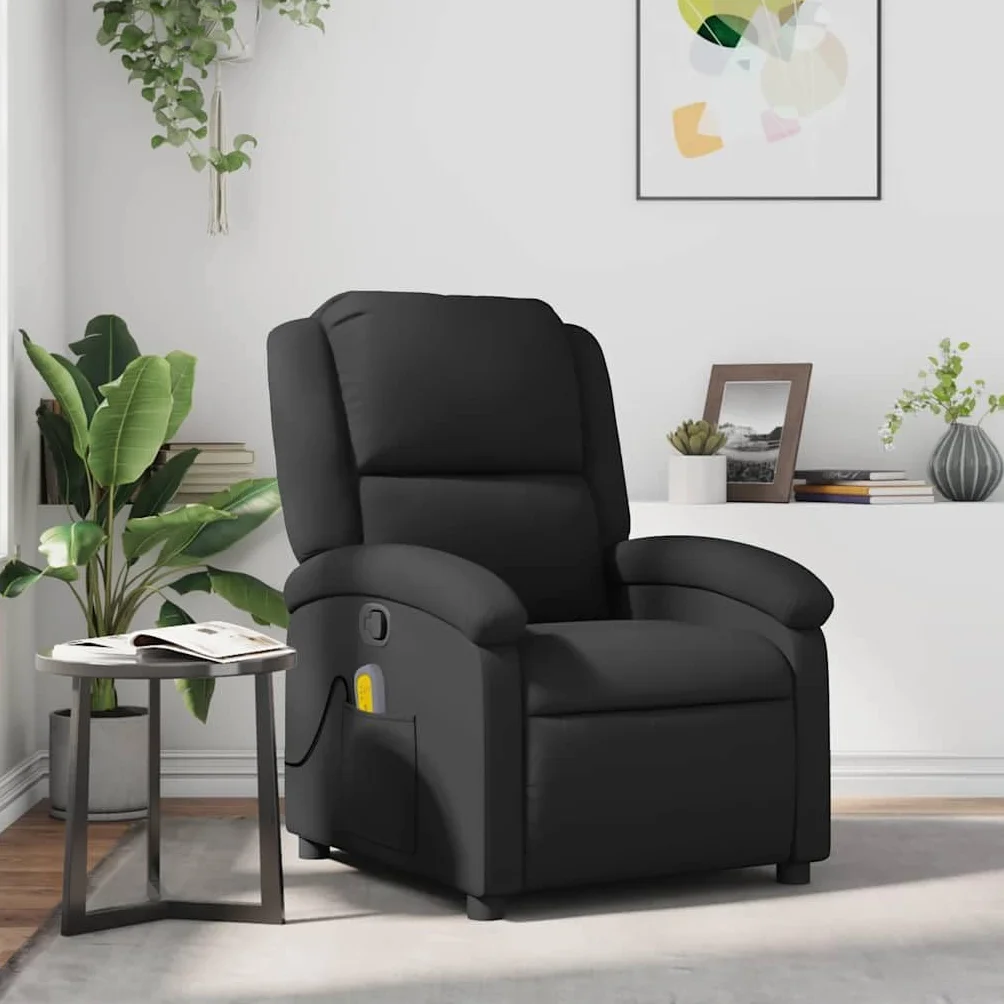 Fotel do masażu, czarny, prawdziwa skóra z 6-punktowym masażem wibracyjnym, ręczna funkcja leżenia, drewniana rama metalowa, regulowana, ergonomiczna, wygodna, do salonu, kącika do czytania