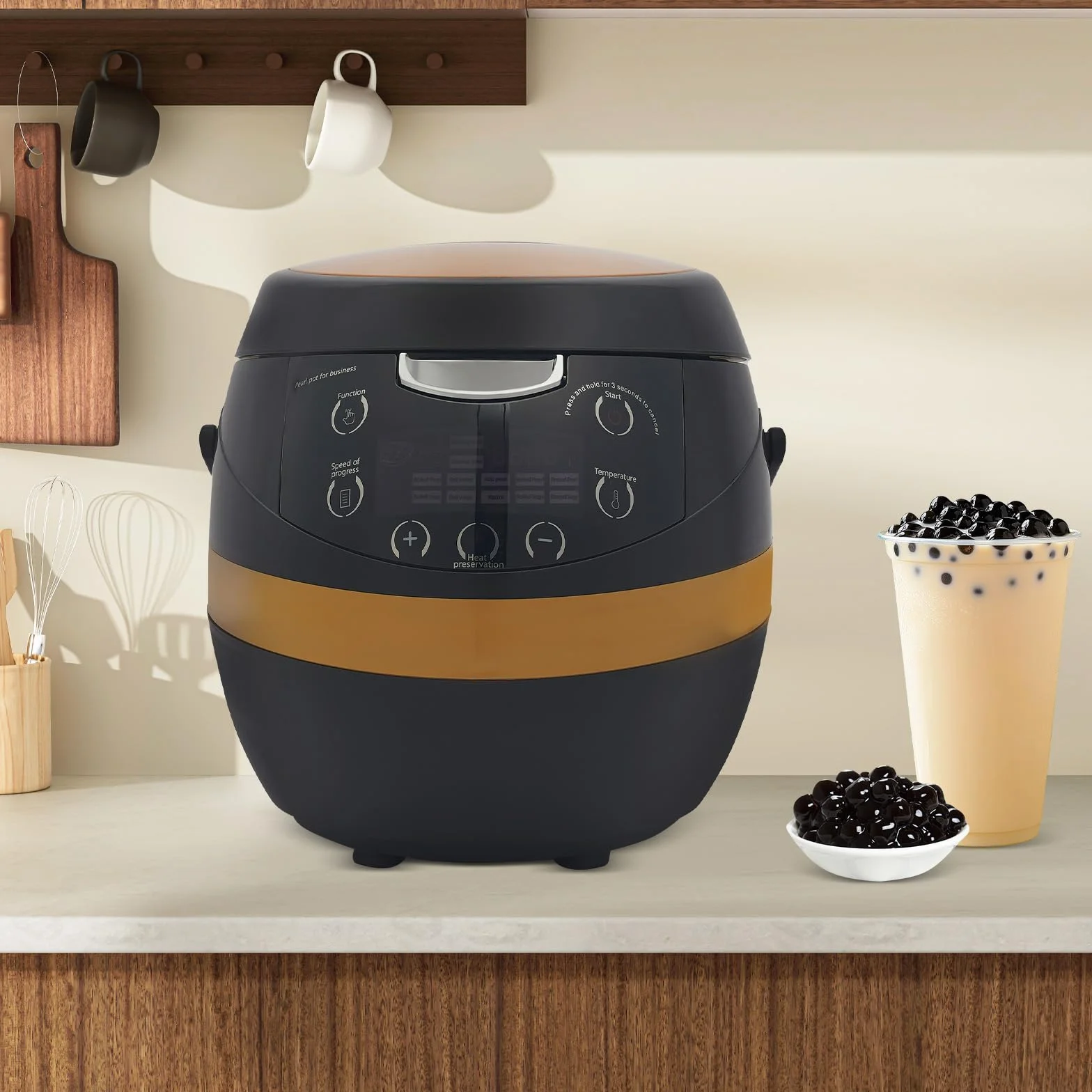 Komercyjna kuchenka z perłami, 1200 W, 8 l, z perłami, tapioką, garnek do gotowania z wstępnie ustawionymi trybami i funkcją utrzymania ciepła, do tapioki, perły, sago, puddingu, galaretki, brązowego