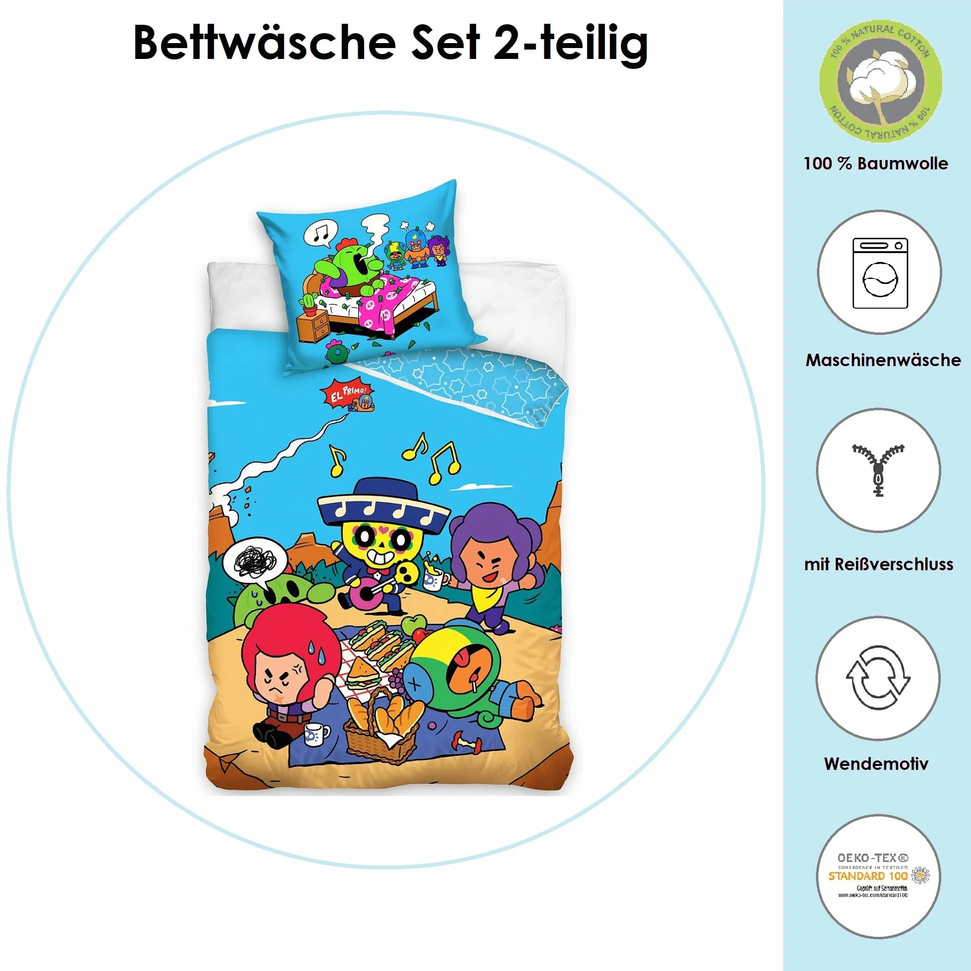 Familando Brawl Stars 2-częściowy komplet pościeli 135 x 200 80 x 80 cm – zestaw dla chłopców w jakości renforcé, 100% bawełny z zamkiem błyskawicznym – trwały kolor, można prać w pralce, Öko-Tex