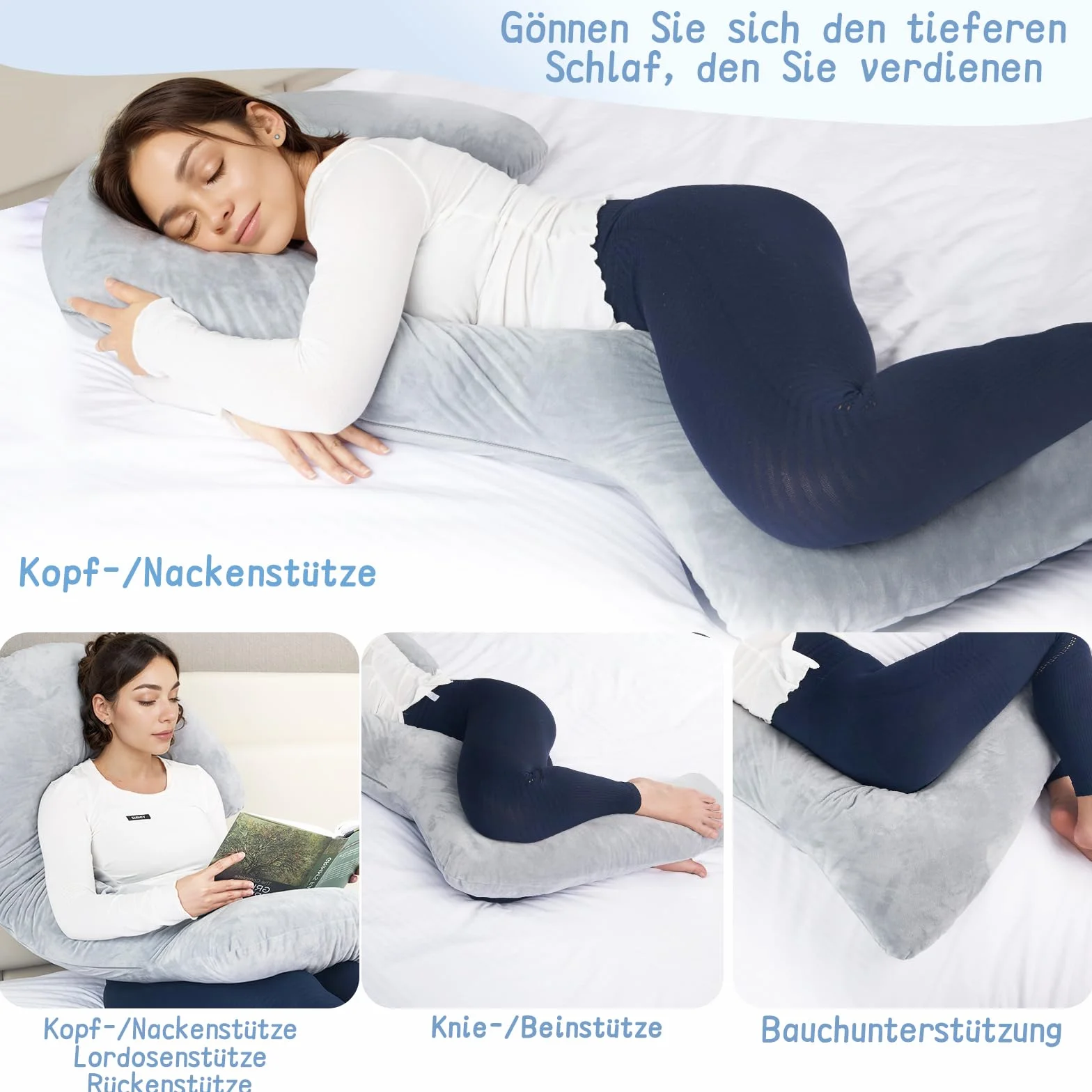 SAHEYER Poduszka dla kobiet w ciąży, poduszka do spania na boku z poszewką, 173 cm długości, poduszka do karmienia na całe ciało, poduszka do przechowywania, dla osób śpiących na boku, szara