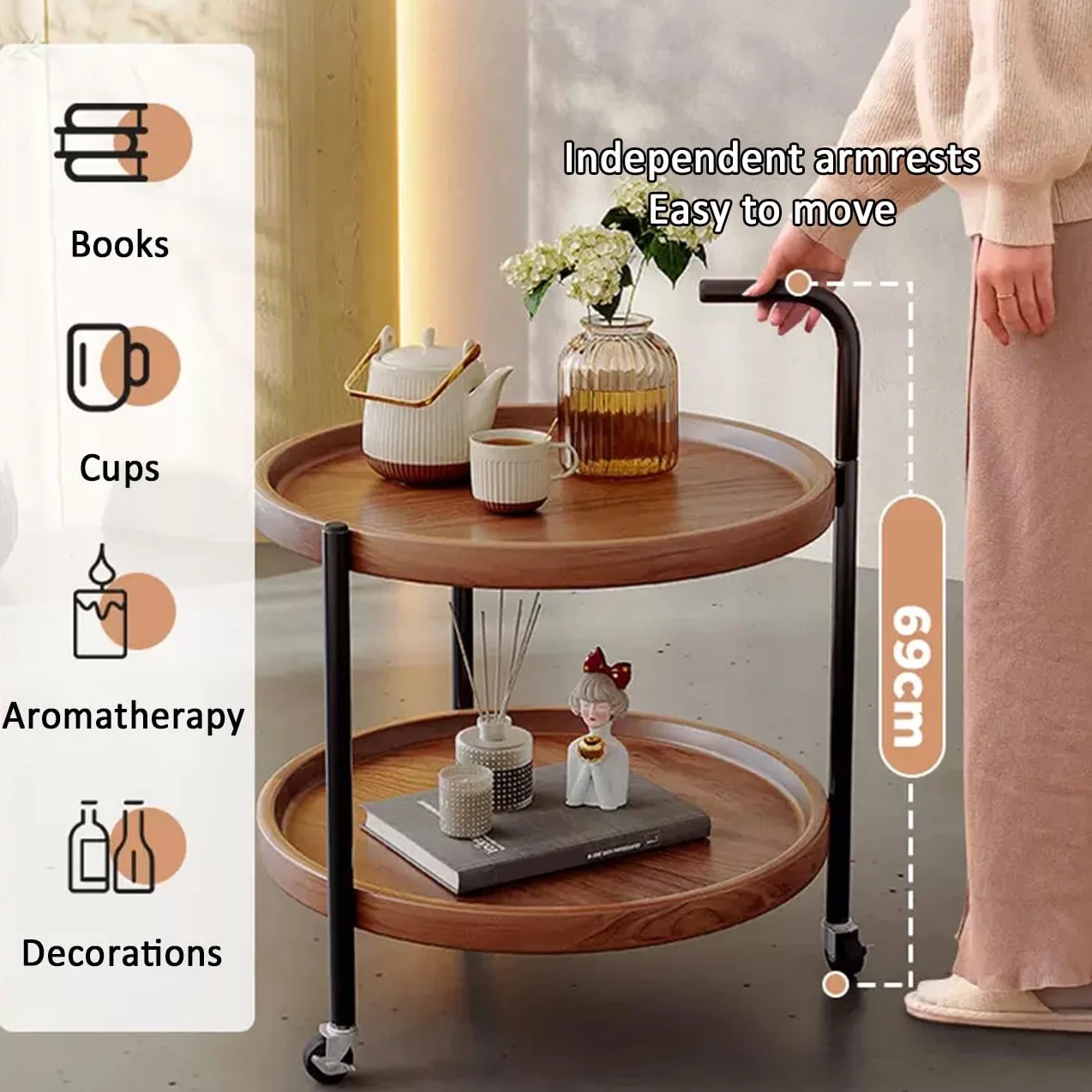 Okrągły stolik kawowy z kółkami – 2-poziomowy wózek do salonu i kuchni – wszechstronna brązowa sofa / stolik nocny (60 cm) – nowoczesne meble domowe