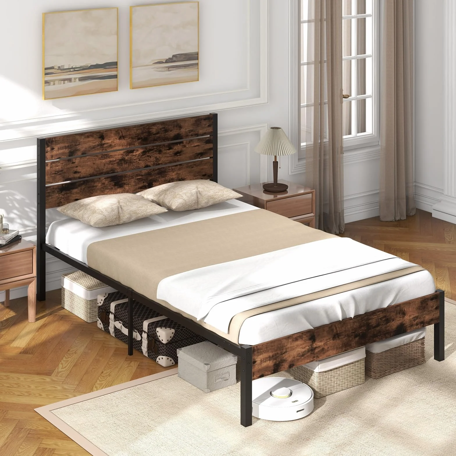 COSTWAY Metalowa rama łóżka do materaca 200 x 140 cm, podwójna rama łóżka ze stelażem i miejscem do przechowywania pod łóżkiem, metalowe łóżko platformowe, łóżko dla gości, przemysłowa podstawa