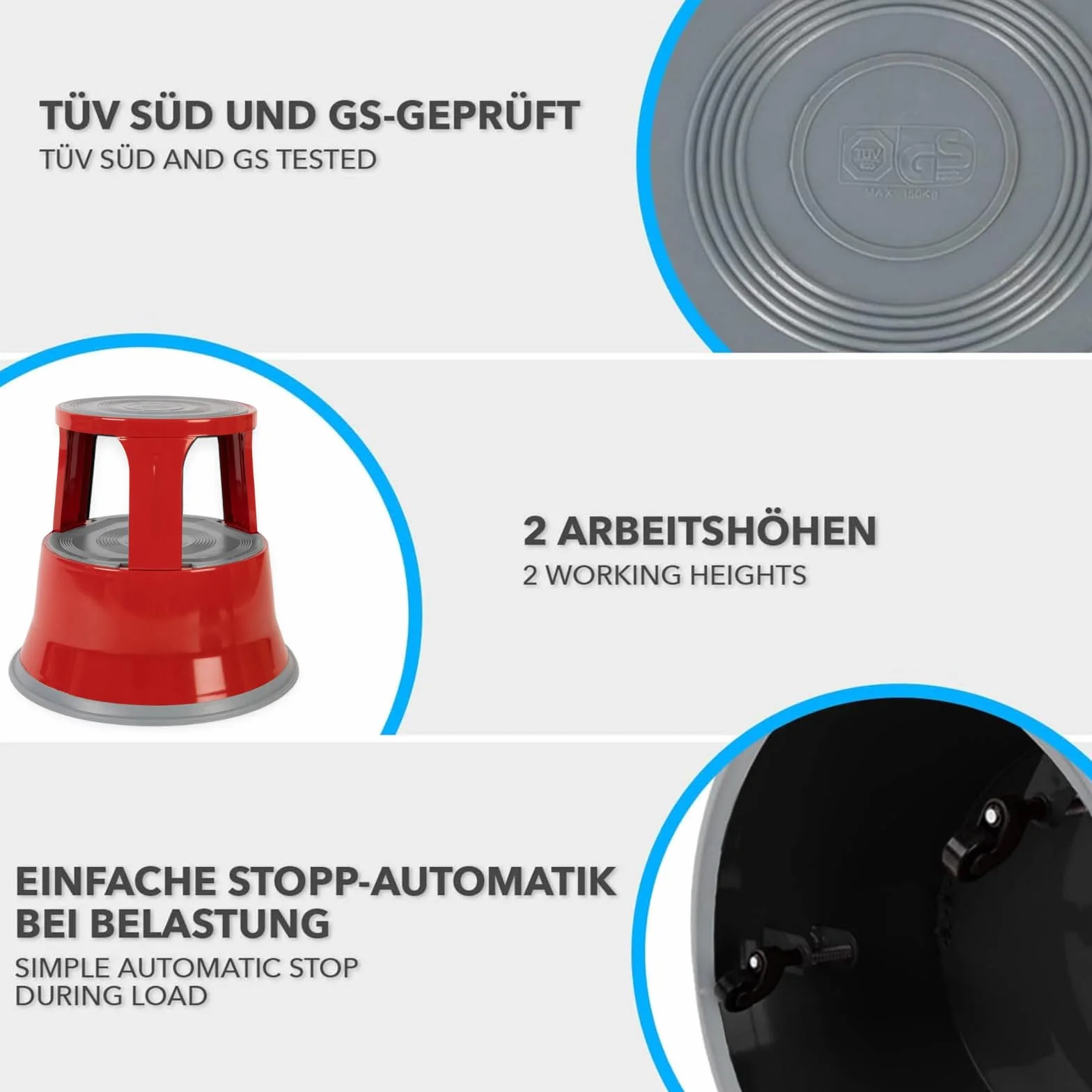 casa pura Stalowy taboret – stołek premium na kółkach | antypoślizgowa gumowa platforma | odporny na wgniecenia i rdzę, obciążenie 150 kg | czerwony