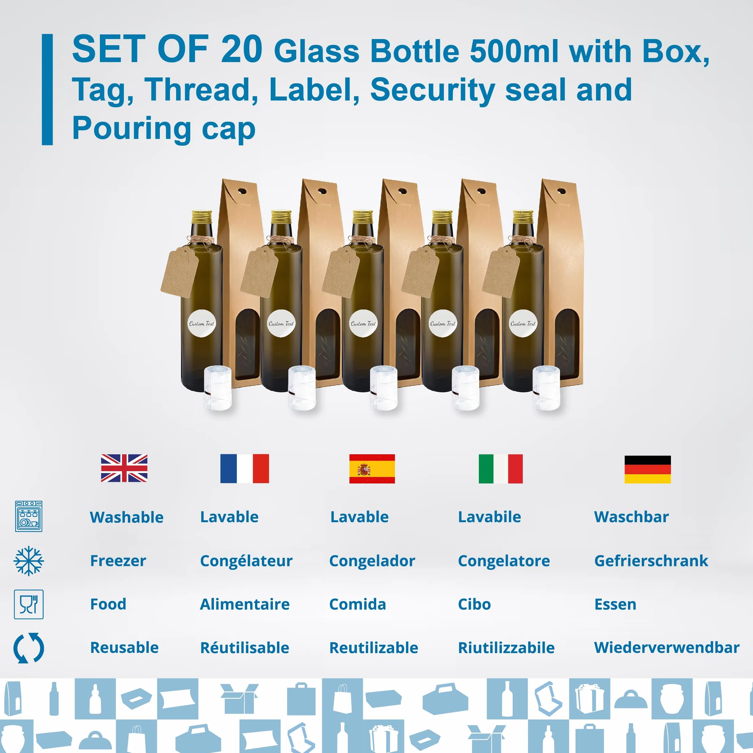 20 butelek z ciemnego szkła 500 ml ze złotą nakrętką z wylewką + 20 puszek + 20 uszczelek + 20 niestandardowych etykiet + 20 etykiet kraft + sznurek - oliwa z oliwek - olej
