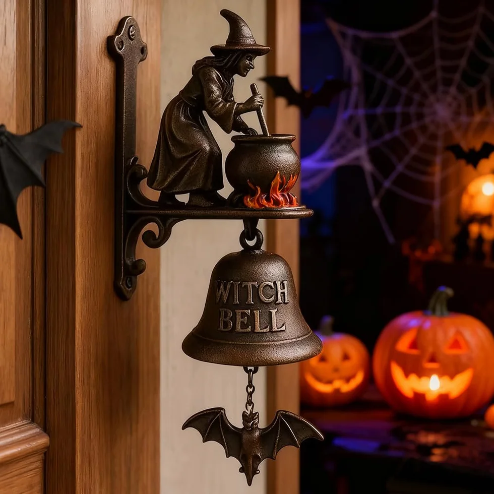 Mineup Dzwonek na Halloween, żeliwny dzwonek wiedźmy, dekoracyjny dzwonek na zewnątrz akcesoria na imprezę halloweenową