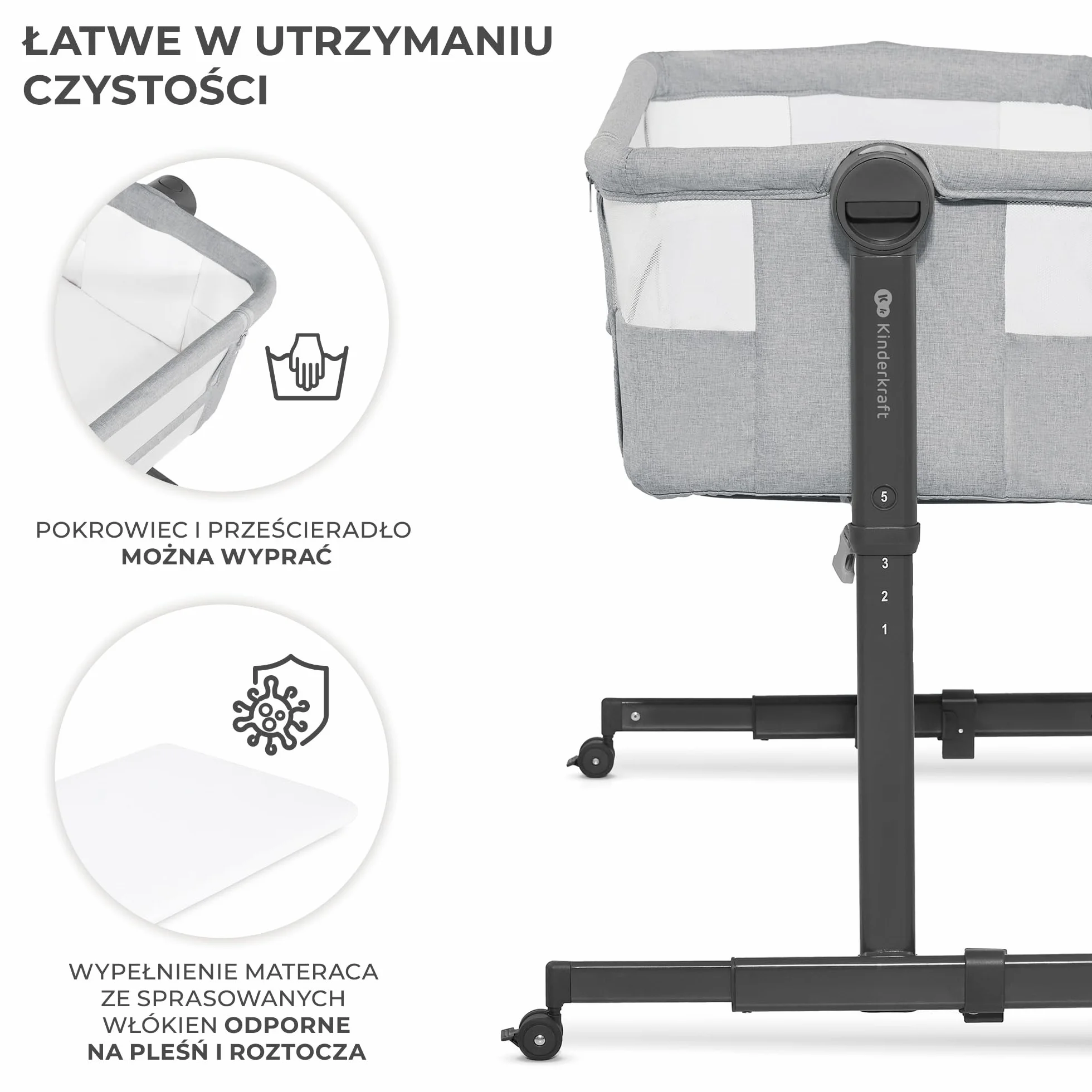 Kinderkraft NESTE UP2 Łóżeczko dostawne, Łóżko turystyczne dziecięce, Regulacja wysokości i kątu nachylenia, Materac i prześcieradło, Solidna konstrukcja, Opuszczana ściana boczna, do 9 kg, Szary