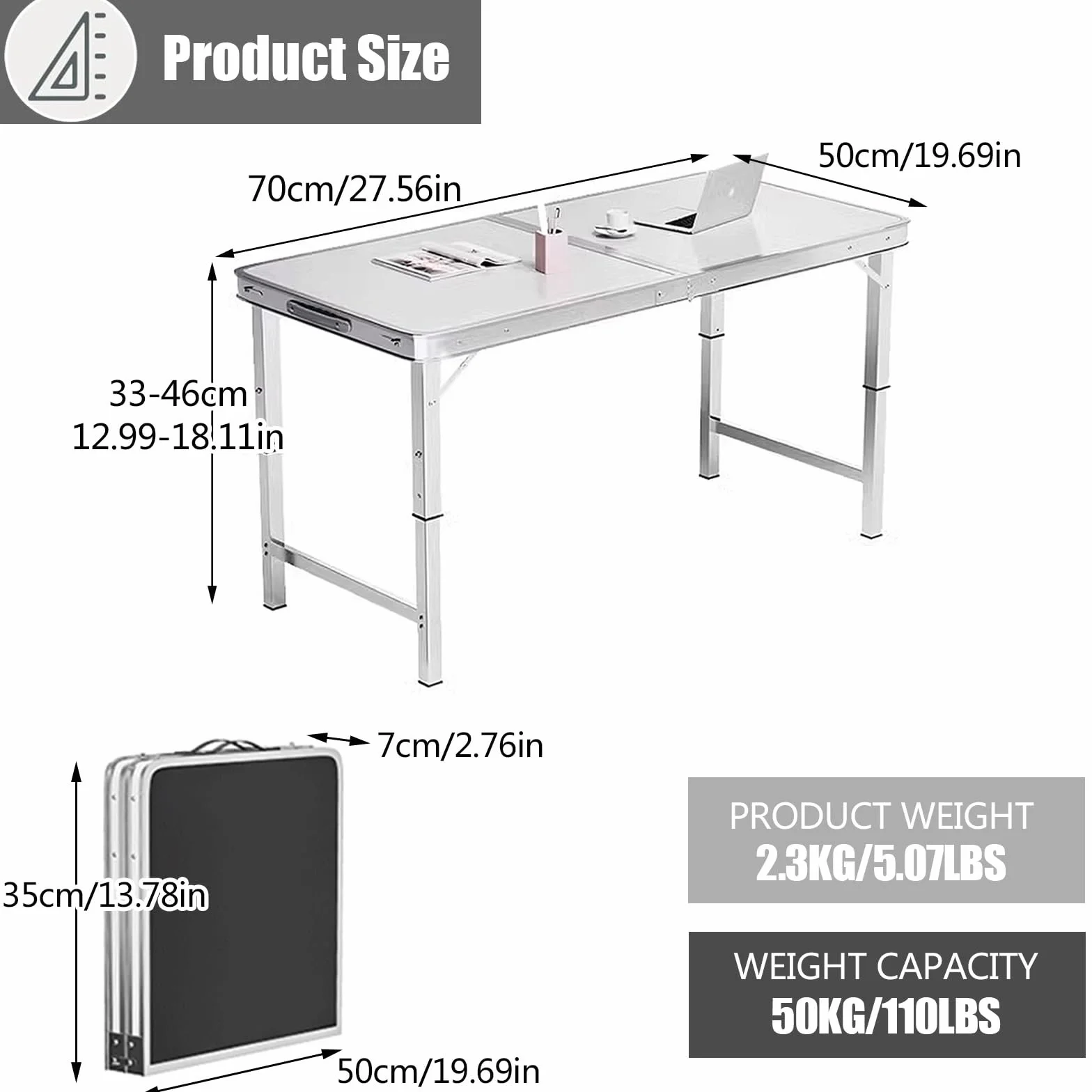 Składany aluminiowy stół o regulowanej wysokości, przenośny stół kempingowy z uchwytem, idealny na imprezę biurową, piknik, ślub, 70 x 50 cm, biały stół cateringowy