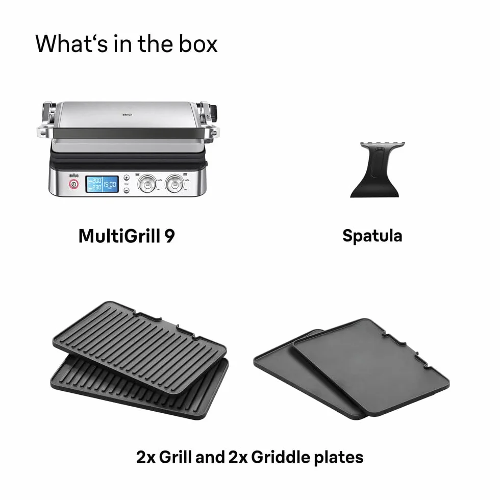 Braun MultiGrill 9 CG 9043 Grill kontaktowy, w zestawie Płyty do grillowania i płaskiego, pozycje grilla: kontakt, grill, piekarnik, płyty odporne na zmywarkę, pojemnik na tłuszcz, maksymalna
