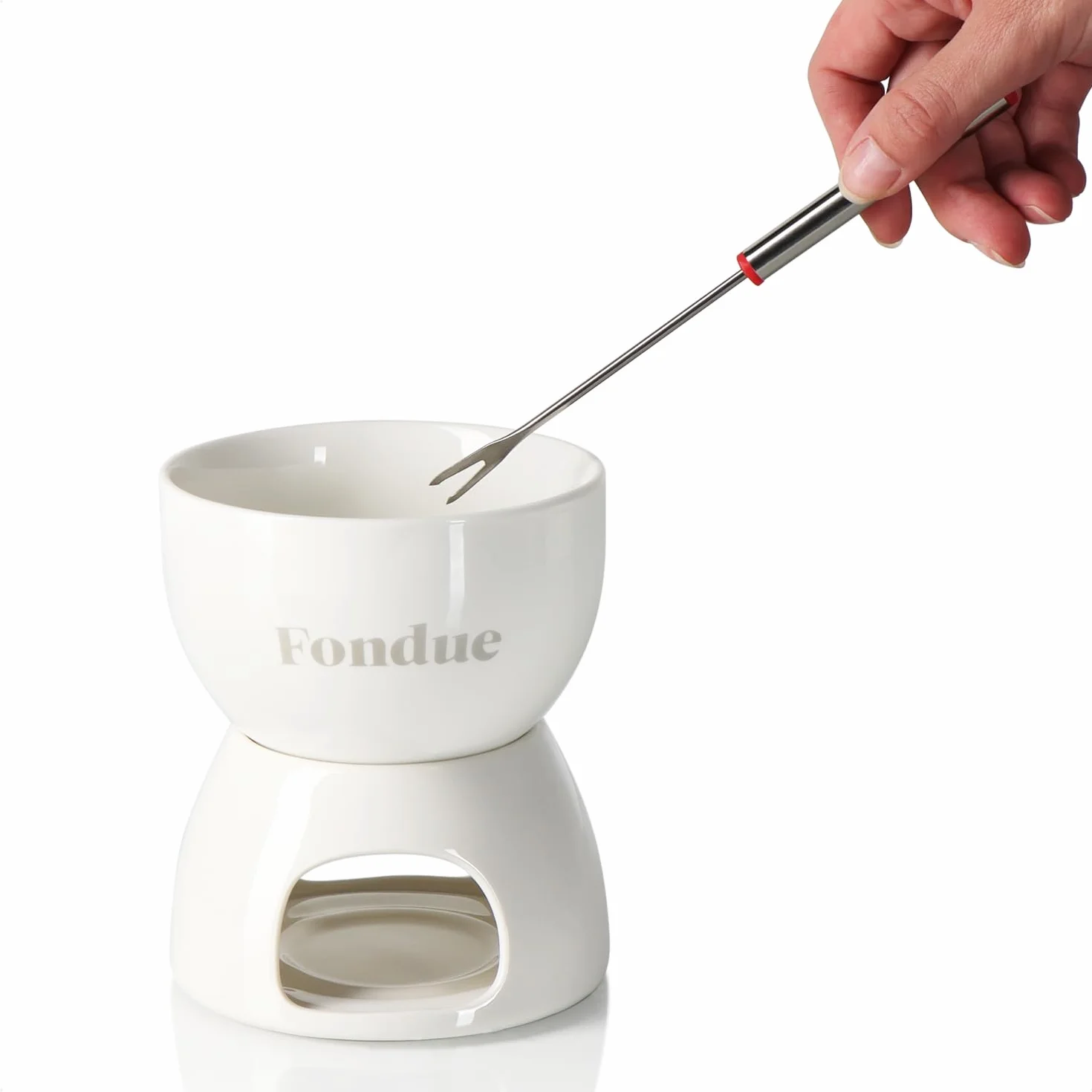 COM-FOUR® Zestaw do czekoladowego fondue Premium - miska ceramiczna z podstawka na podgrzewacz i 4 widelcami - tygiel do czekolady i sera - tygiel - miska do dipów deserowych dla 4 osób (bialy)