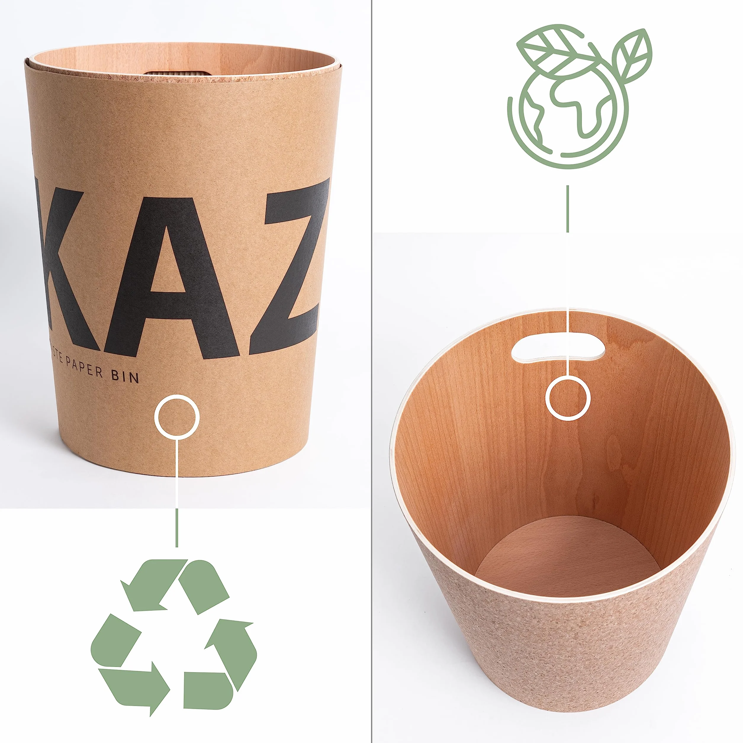 KAZAI. Prawdziwa Drewniana Kosz na Śmieci "Börje" | Nowoczesny Kosz na Papier do Biura, Pokoju Dziecięcego, Sypialni i Nie Tylko | 9 Litrów | Korek (klasyczny)