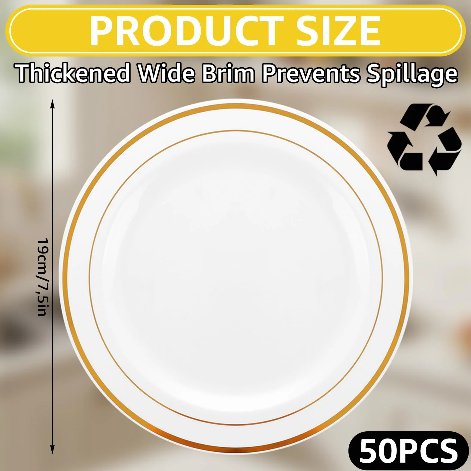 AKOLAFE 50 Sztuk Białych Plastikowych Talerzy Wielokrotnego Użytku, 20 cm, Ze Złotą Krawędzią, Stabilne, Z Twardego Tworzywa Sztucznego