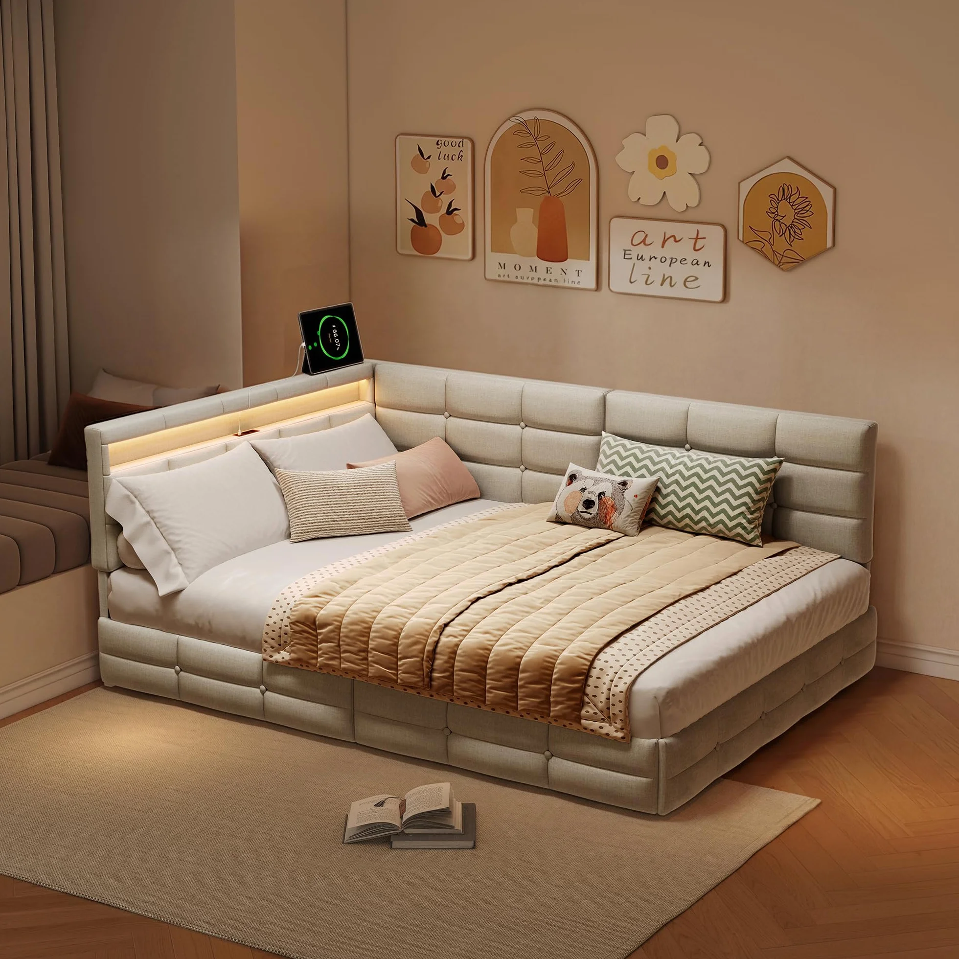 Łóżko tapicerowane Schlafsofa 140x200 cm, łóżko dzienne z 2 szufladami i stelażem z listew, sofa-łóżko, łóżko dwuosobowe z diodami LED i USB, łóżko dzienne, łóżko młodzieżowe, stelaż łóżka, len