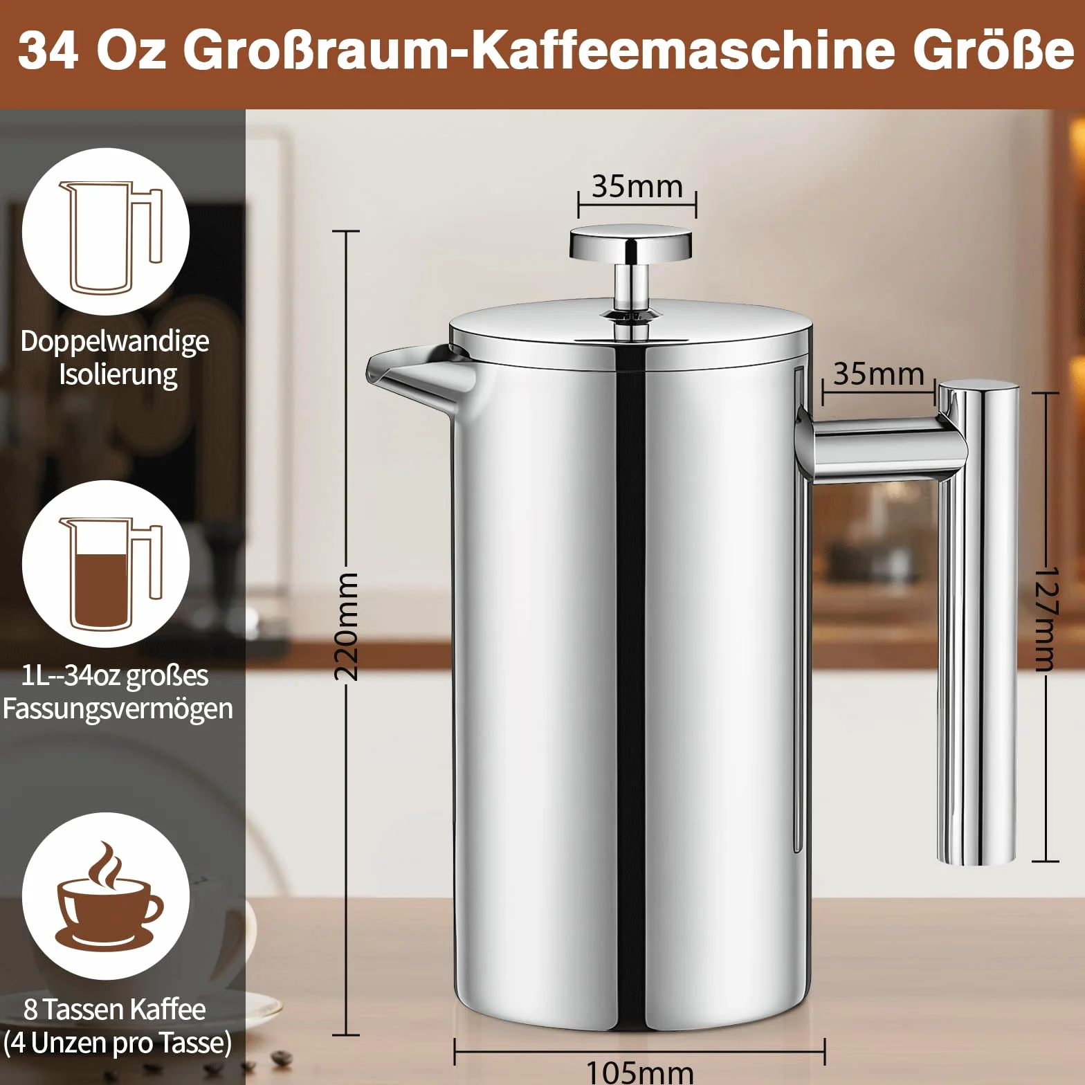 Zaparzacz do kawy 1000 ml, French Press, stal nierdzewna, prasa do kawy 8 filiżanek z systemem 3 filtrów ze stali nierdzewnej, izolowany dzbanek do kawy z podwójnymi ściankami i zaparzacz do