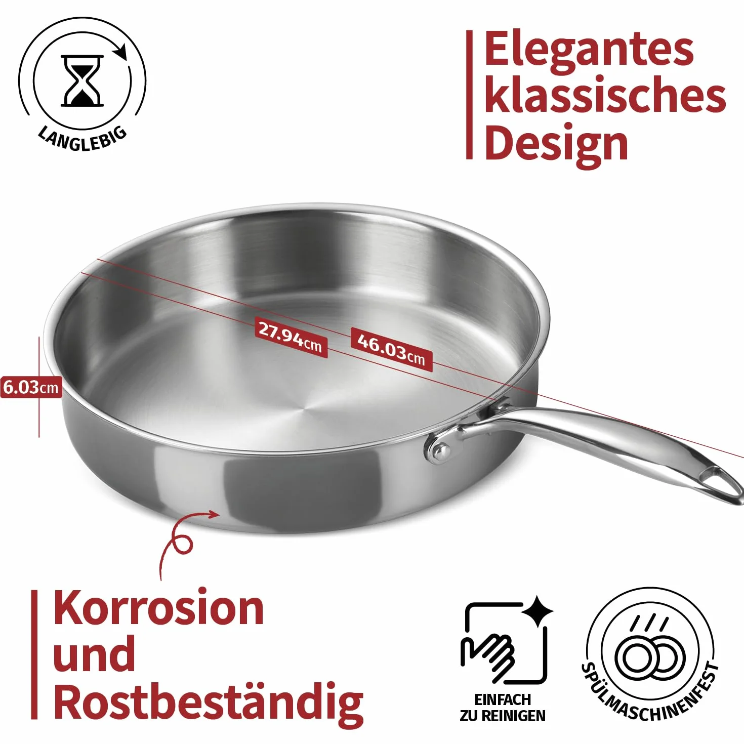 Stainless Steel Frying Pan 22 cm Non-Stick – 3-Ply Induction Pan with Aluminum Core – Cool Hollow Handle – Oven-Safe up to 260°C – Pan for Frying, Sautéing, Searing, Braising, Roasting