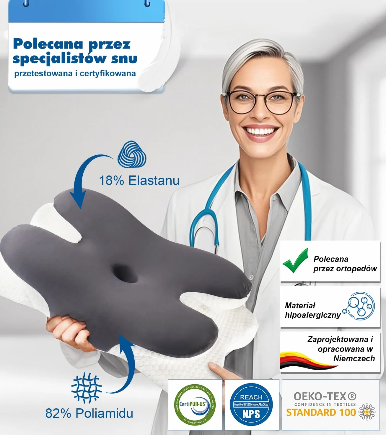 Poduszka Ortopedyczna do Spania, Poduszka pod Kark, Ergonomiczna Poduszka z pianki z Pamięcią Kształtu, Poduszka Podróżna, Szyjna z Pianki Memory dla osób śpiących na plecach, na boku i na brzuchu
