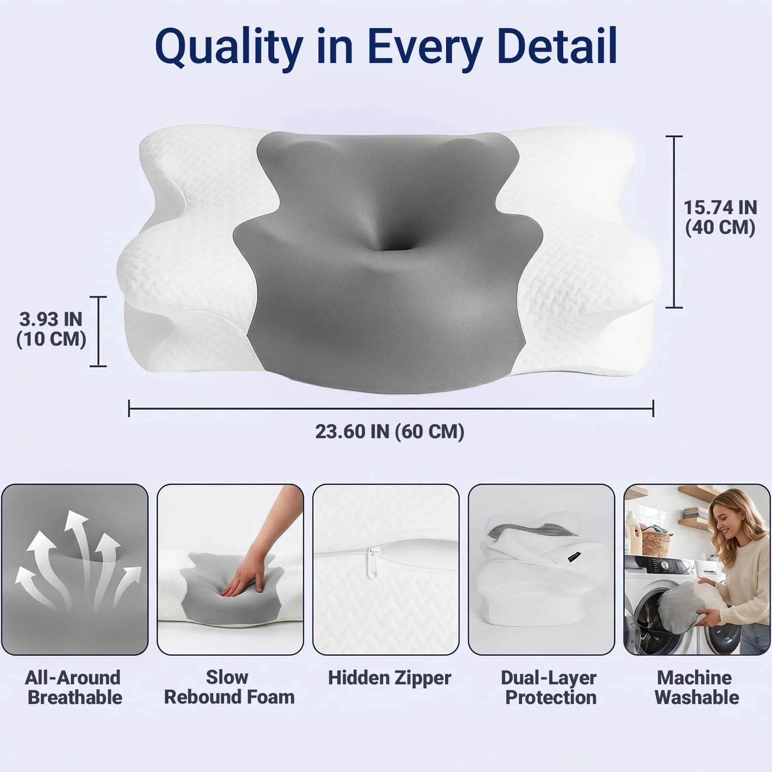 COSYLAND Ergonomiczna poduszka pod kark 2 w 1 z pianki z pamięcią kształtu, ortopedyczna poduszka podpierająca kark dla osób śpiących na plecach, na boku i brzuchu, 60 x 40 x 11/14 cm