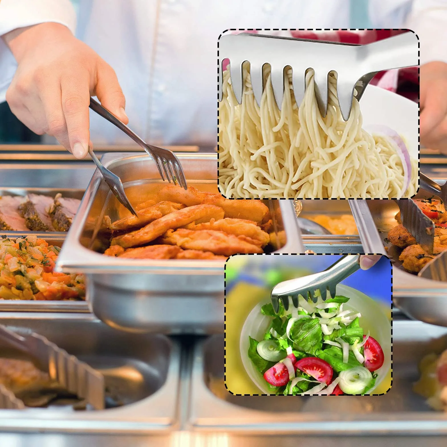 Zestaw do serwowania spaghetti, łyżka do makaronu ze stali nierdzewnej, szczypce do spaghetti, srebrne szczypce do serwowania ze stali nierdzewnej, nadają się do mycia w zmywarce, nadają się do
