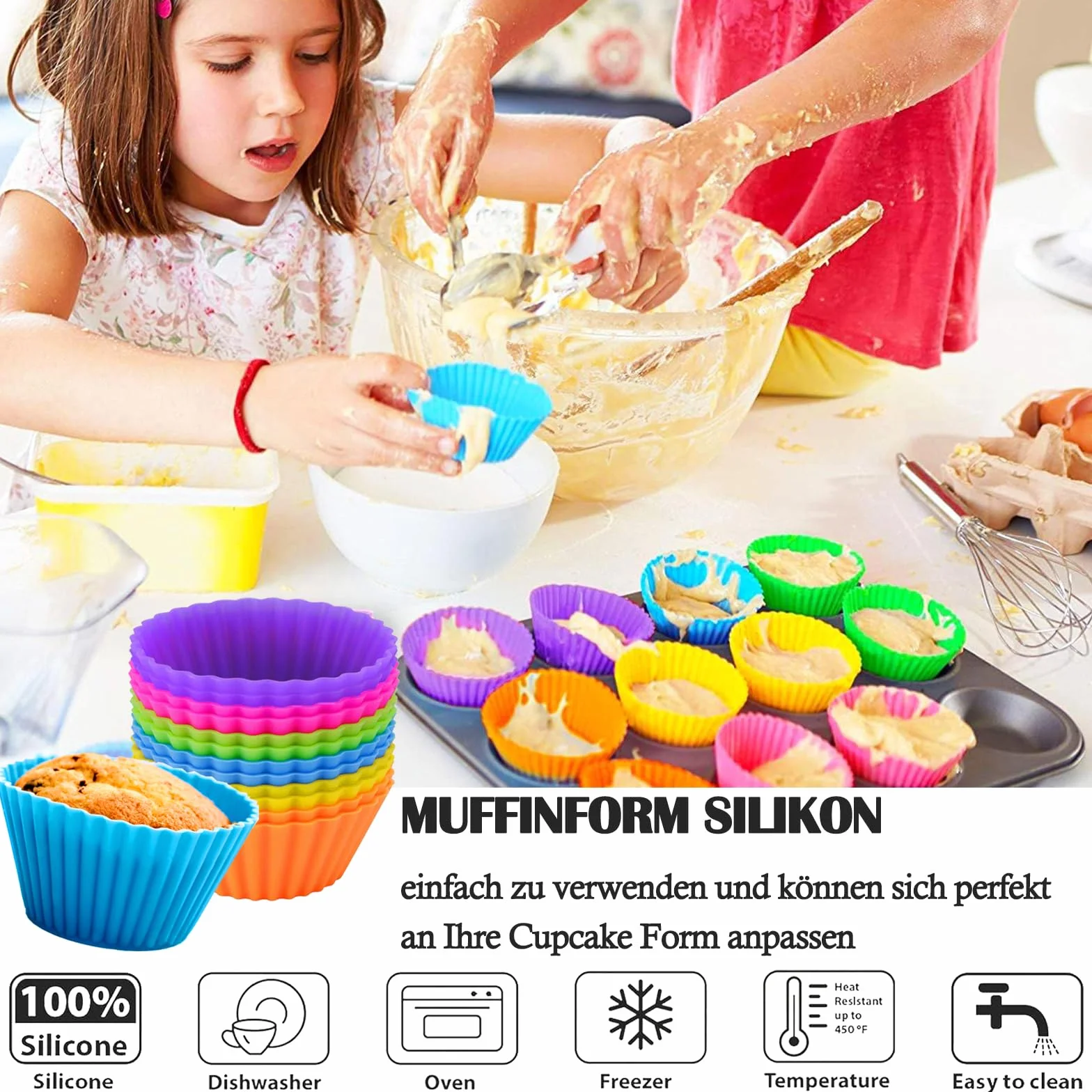 12 Silikonowych Foremek do Muffinek, OkrąGłE, Wielokrotnego UżYtku Z Silikonu, Z PowłOką ZapobiegająCą Przywieraniu, Foremki do Pieczenia Babeczek, Muffinek, do Ciast, KremóW I Puddingu, Wielokolorowe