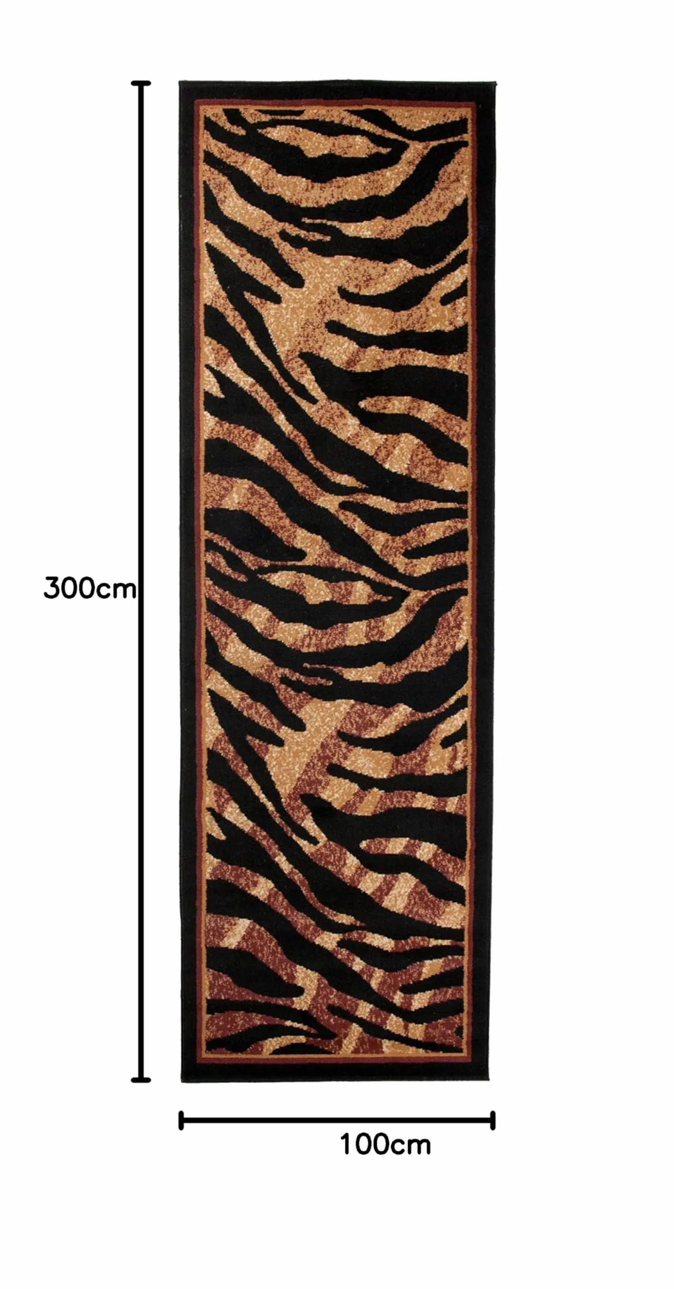 Tapiso Atlas chodnik z krótkim włosiem, dywan do salonu, czarny, beżowy, paski, tygrys, futro zwierzęce, wzór z bordiurą, do sypialni, Ökotex 100 x 300 cm
