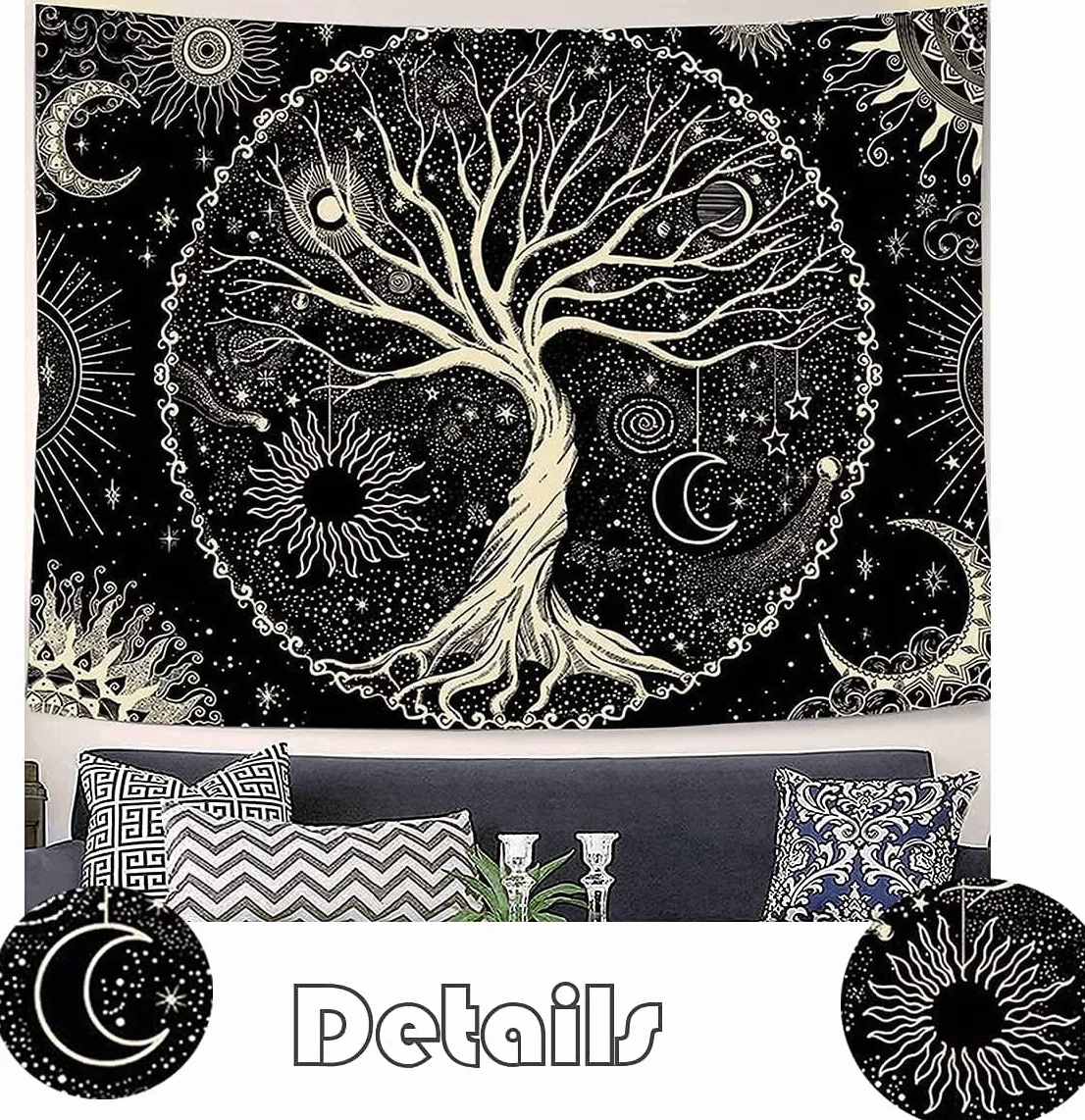 Arawat Tapestry Tree of Life Tapestry Black White Tapestry Moon Sun Tapestry Wall Decor Psychedelic Rug Gothic Tapestry Trippy Tapestry Wall Cloth Wall Hanging Wall Decor (150 x 130cm)