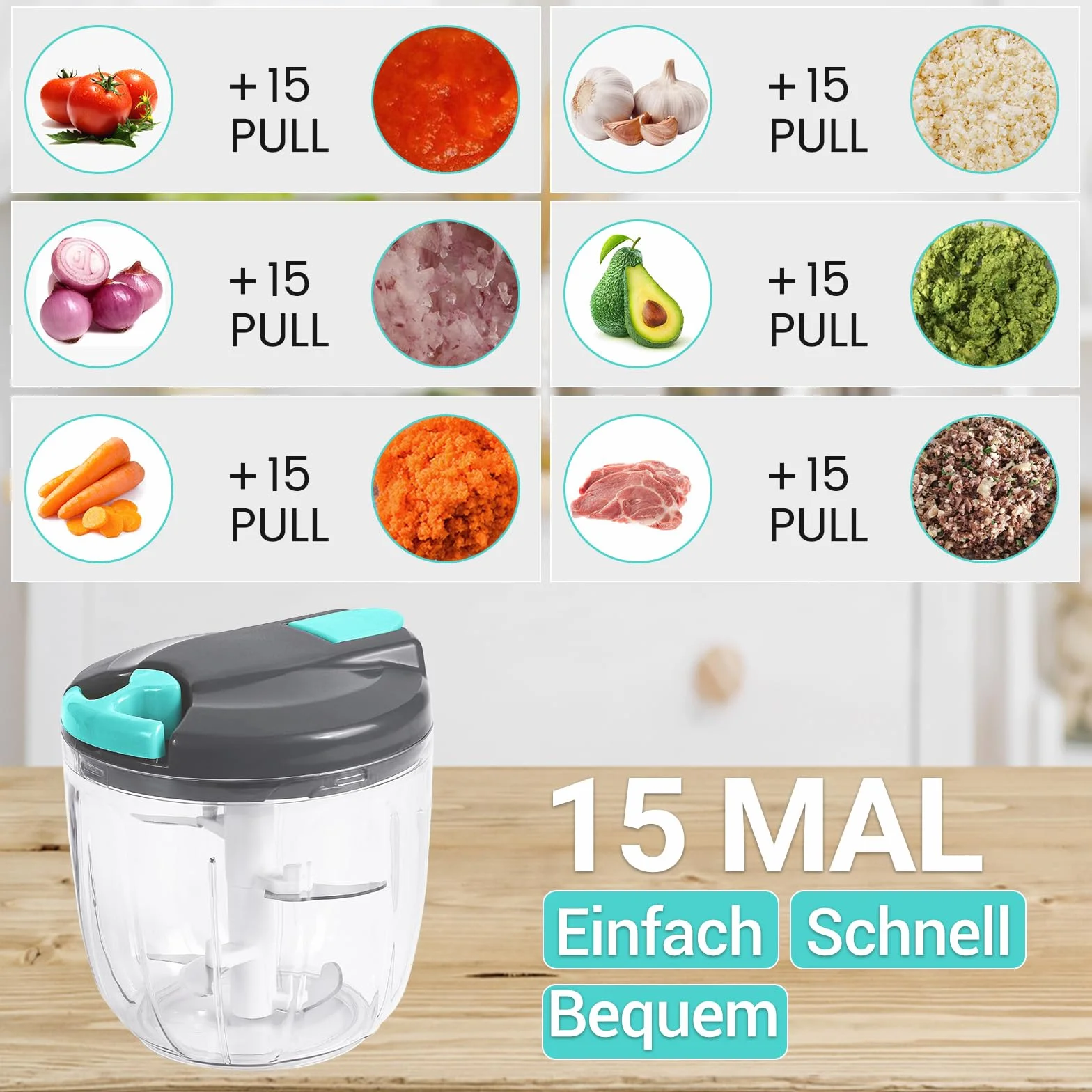 Gucass Ręczna szatkownica do cebuli, 900 ml, rozdrabniacz do cebuli, warzyw, ręczna rozdrabniarka do warzyw, cebuli, czosnku, imbiru, orzechów, szaro-niebieska