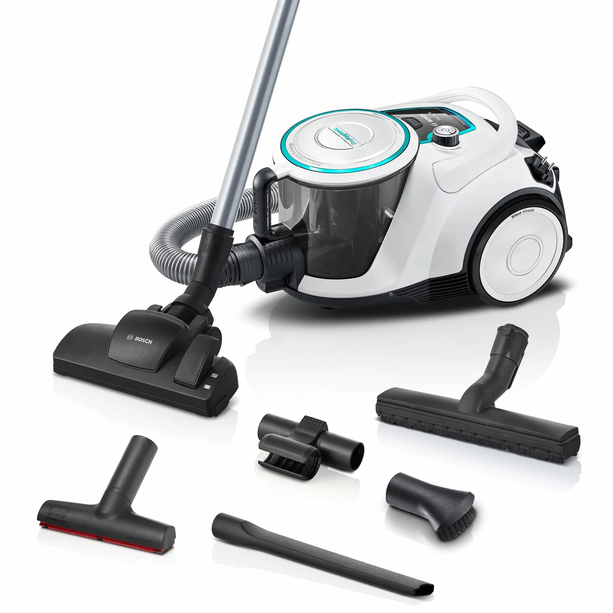 Bosch Odkurzacz bezworkowy seria 6 BGC41XHYG, odkurzacz podłogowy, idealny dla alergików, filtr higieniczny, dysza podłogowa do parkietu, dywanów, duża moc ssania, cichy, 700 W, biały