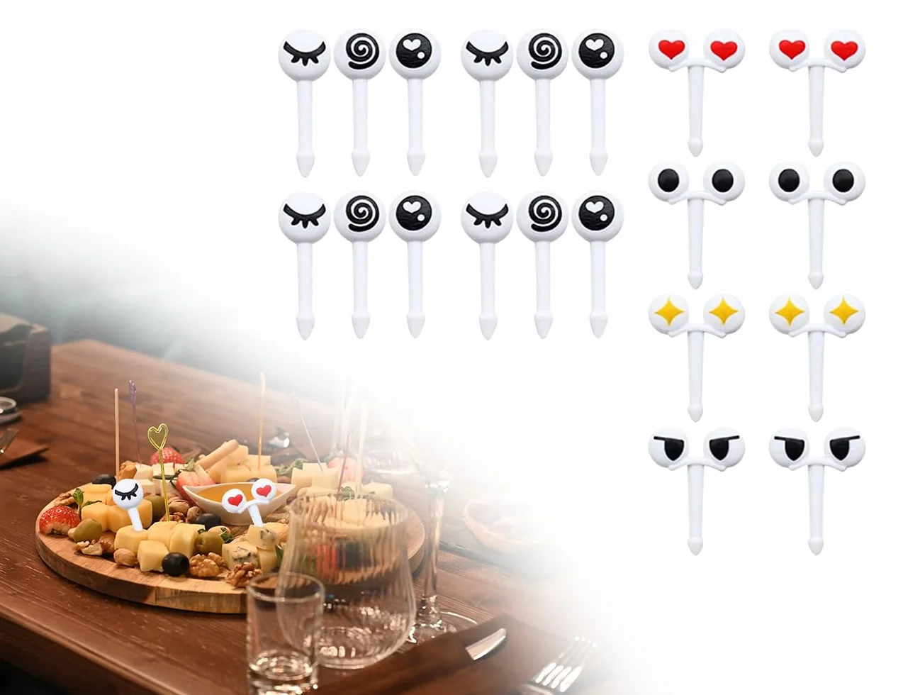 KAPSING Food Picks, przepiękne widelce do owoców dla dzieci, mini widelec do przekąsek, przepiękne duże oczy (70 sztuk)