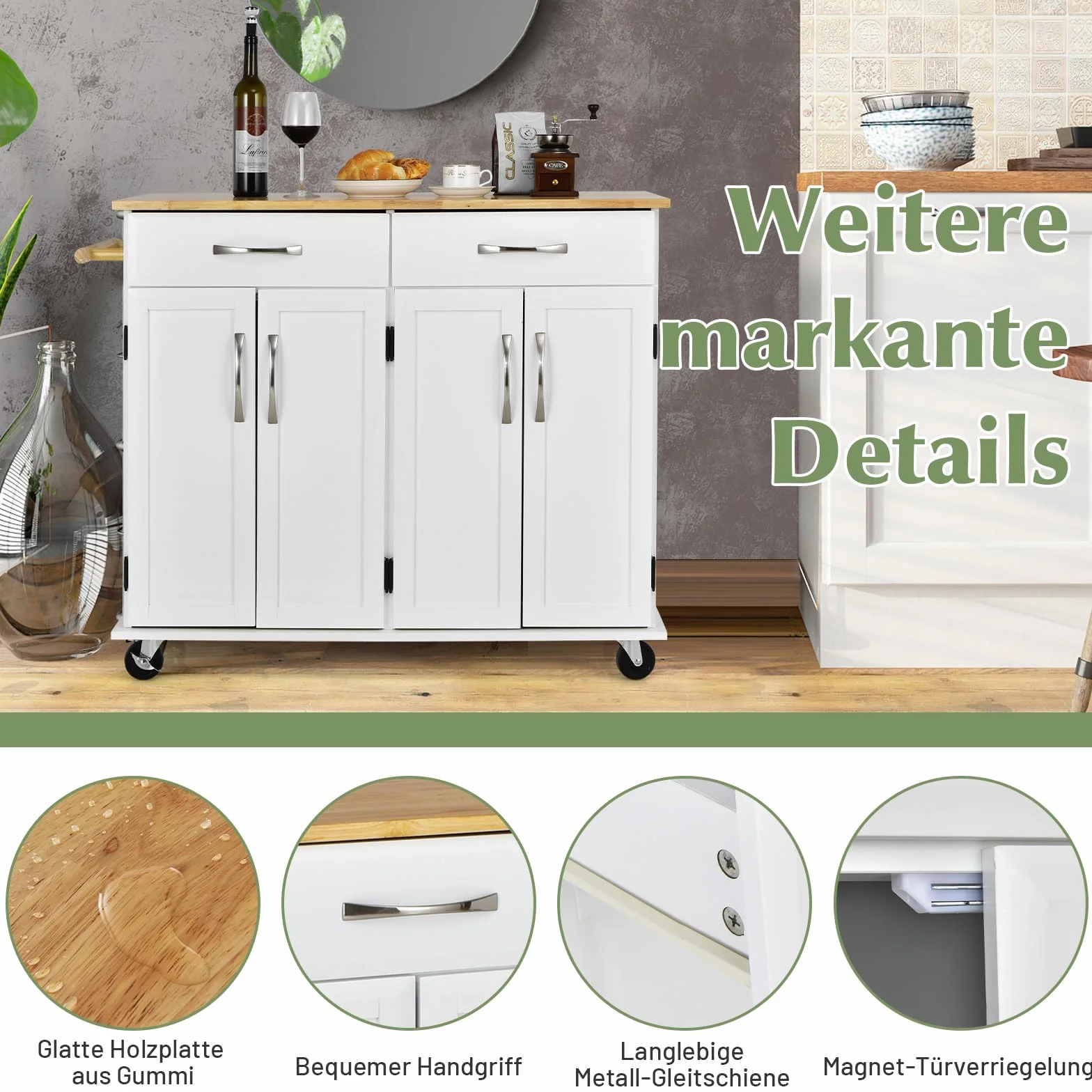 COSTWAY wózek kuchenny na kółkach, wózek do serwowania z blatem roboczym i uchwytem na ręczniki oraz szufladami i regulowanymi półkami, drewniana wyspa kuchenna, szafka kuchenna na kółkach, do kuchni
