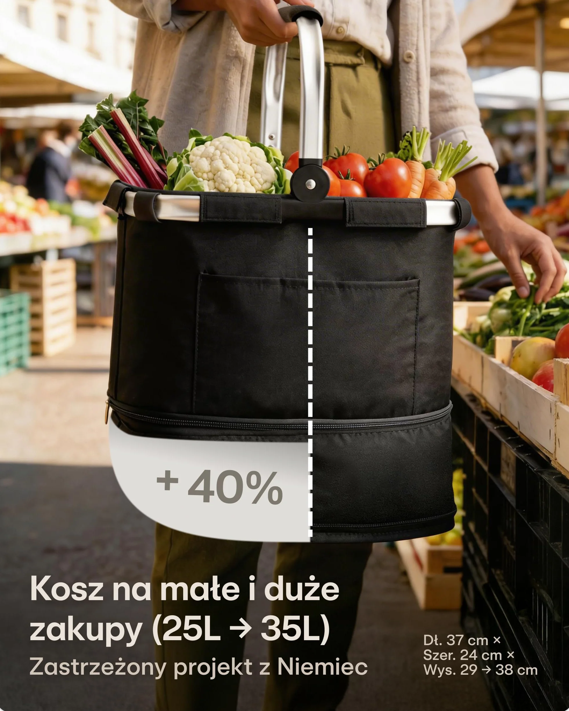 Praknu Składany Kosz na Zakupy Duży – 2 w 1 Rozszerzany z 25L do 35L – Zmywalna Tkanina – Stabilny dzięki Aluminiowej Ramie i Wzmocnionemu Dnu – Dodatkowe Kieszenie wewnątrz i na zewnątrz – Czarny