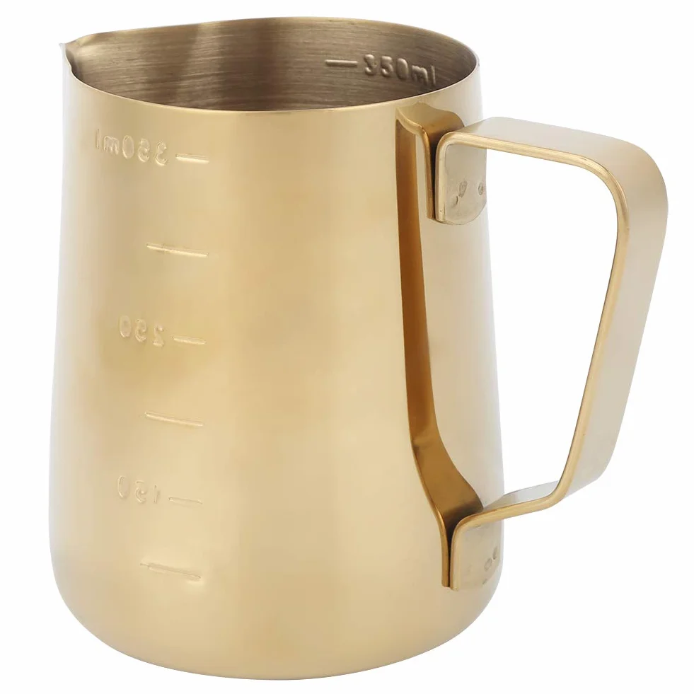 Dzbanek do spieniania, dzbanek do gotowania na parze, złoty kubek do spieniania mleka ze stali nierdzewnej, dzbanek ze skalą, do użytku domowego, kawy, latte, 350 ml