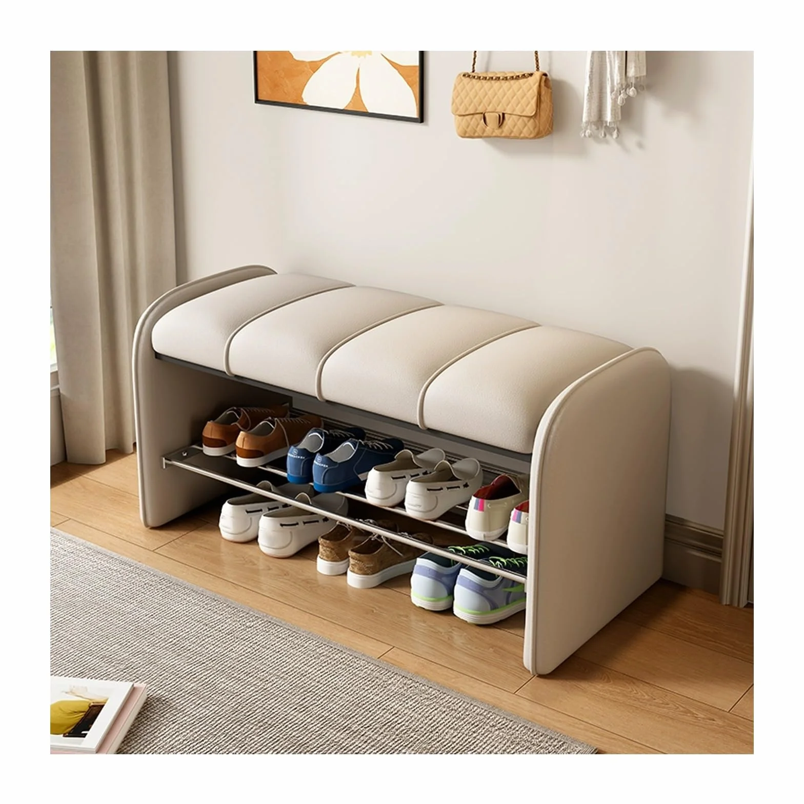 Entryway Bench Shoe Shelf with Seat Cushion，entryway sit down bench with shoe storage ，Farmhouse Shoe Storage Bench with Cushion Seat，2 Tier Entryway Shoe Bench,2in1(White,L100*W37cm/L39.3*W14.5in)