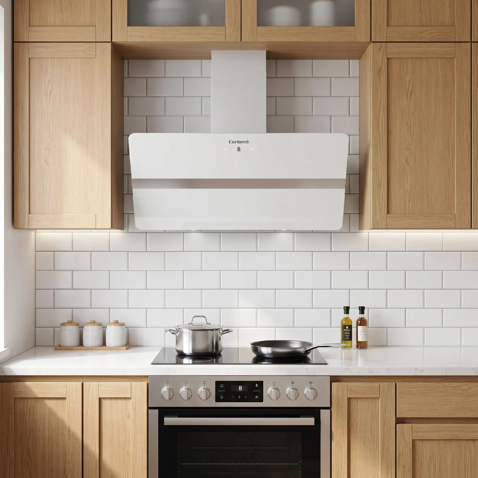 Corberó VicTORIA960W Dekoracyjny Dzwonek, 90 cm, 165 W, 3 prędkości, Control Touch, Przepływ 594,2 m3/h, kolor szkła hartowanego, 1 x filtr aluminiowy, filtr węglowy, energia A