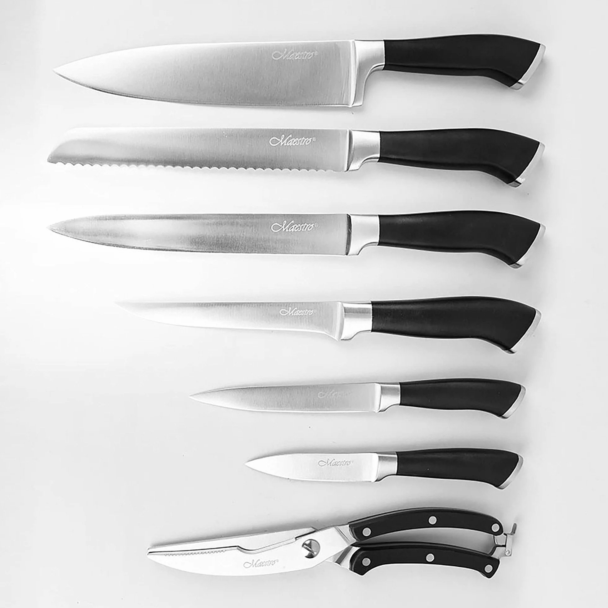 Maestro MR-1422 profesjonalny blok noży kuchennych, 8 sztuk, nowoczesny design, 6 noży ze stali nierdzewnej, ergonomiczne uchwyty, nożyczki
