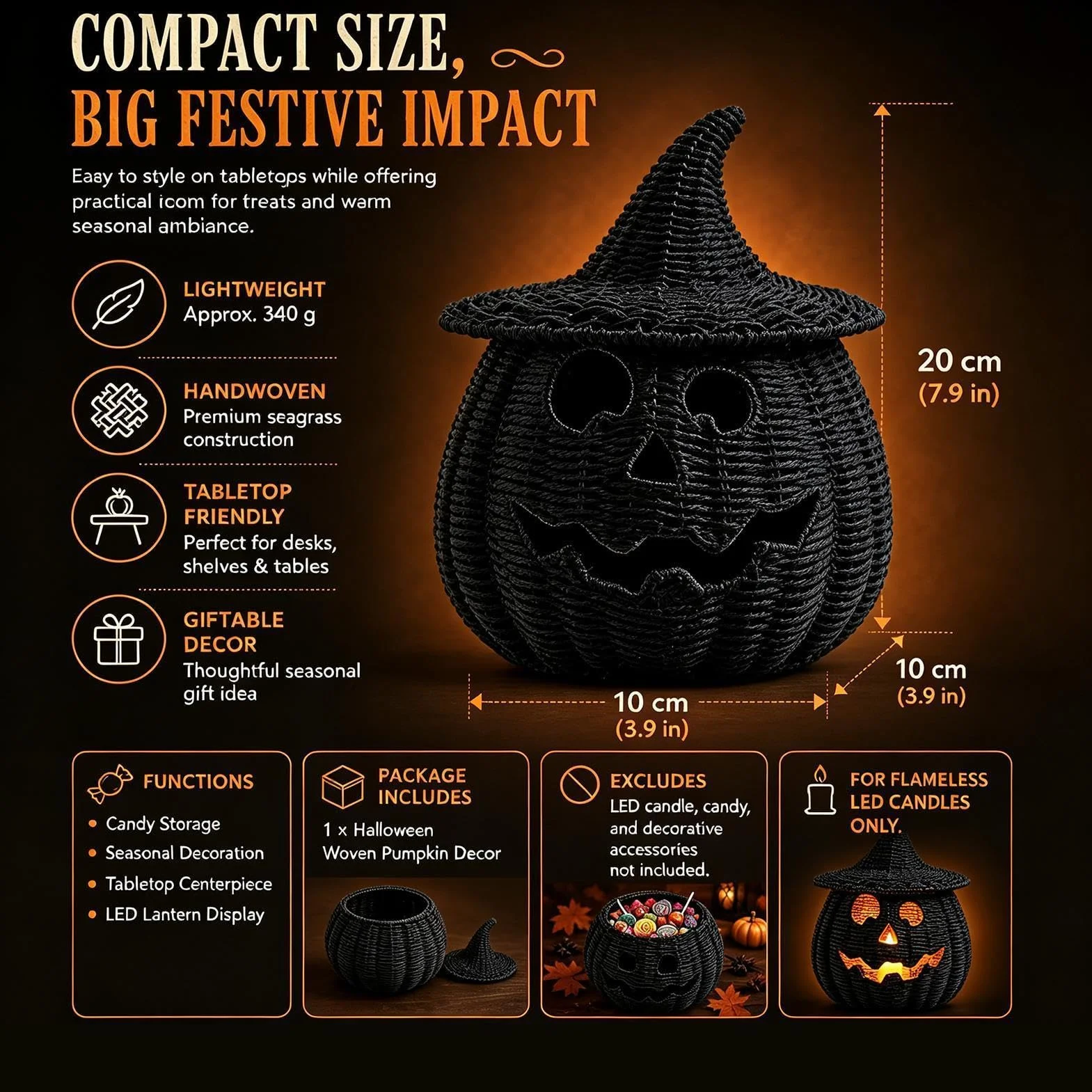 Dekoracyjny Pleciony Kosz Dyniowy Halloweenowy pojemnik ze świeczką LED | Czarne pojemniki na słodycze do domu, salonu, biurka, kominka, stołu jadalnego, przedpokoju, ganku, przyjęcia