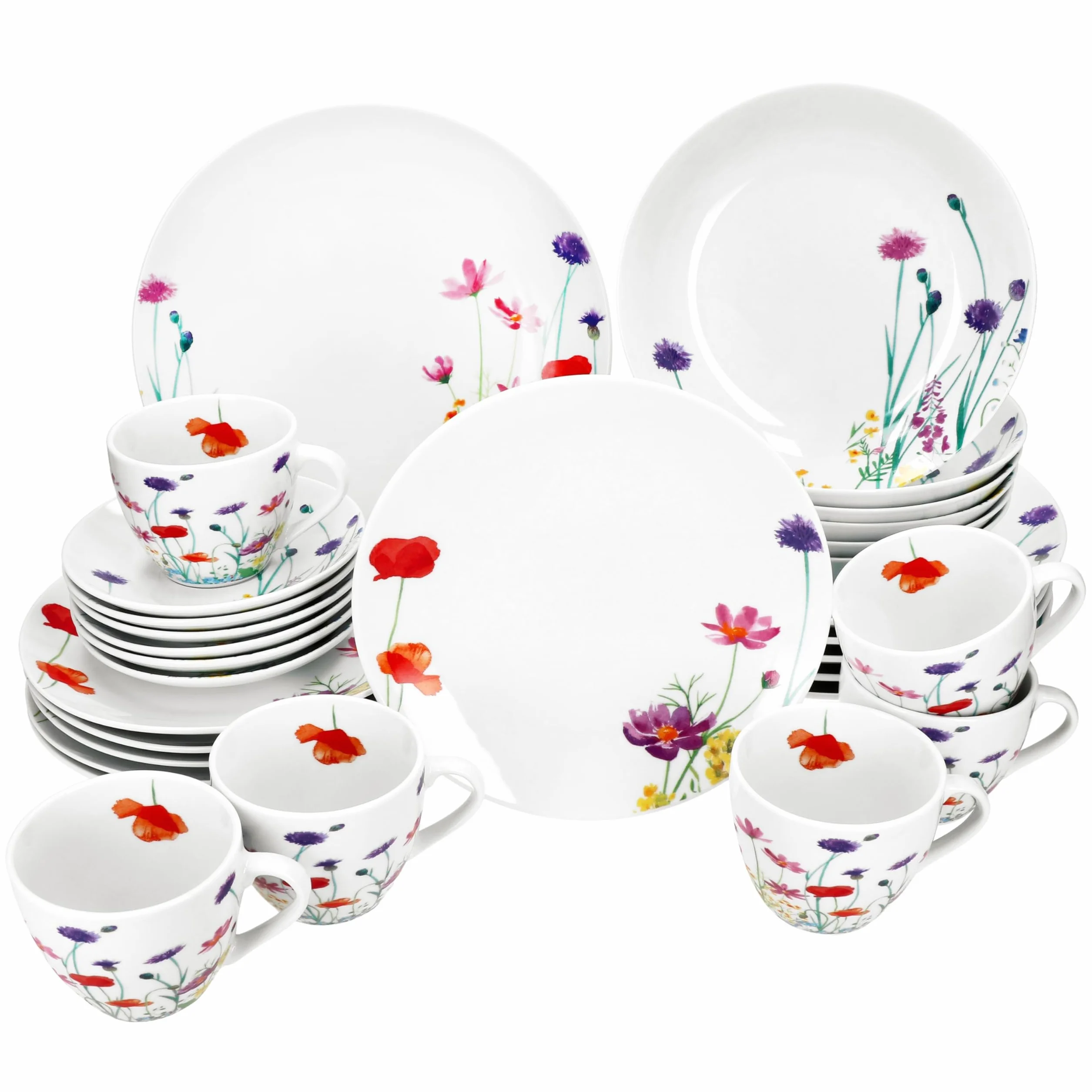 MamboCat Marie 30-częściowy serwis obiadowy, porcelanowy zestaw naczyń z dekoracją łąki kwiatowej dla 6 osób, po 6 filiżanek, spodków, talerzy do ciasta i zupy